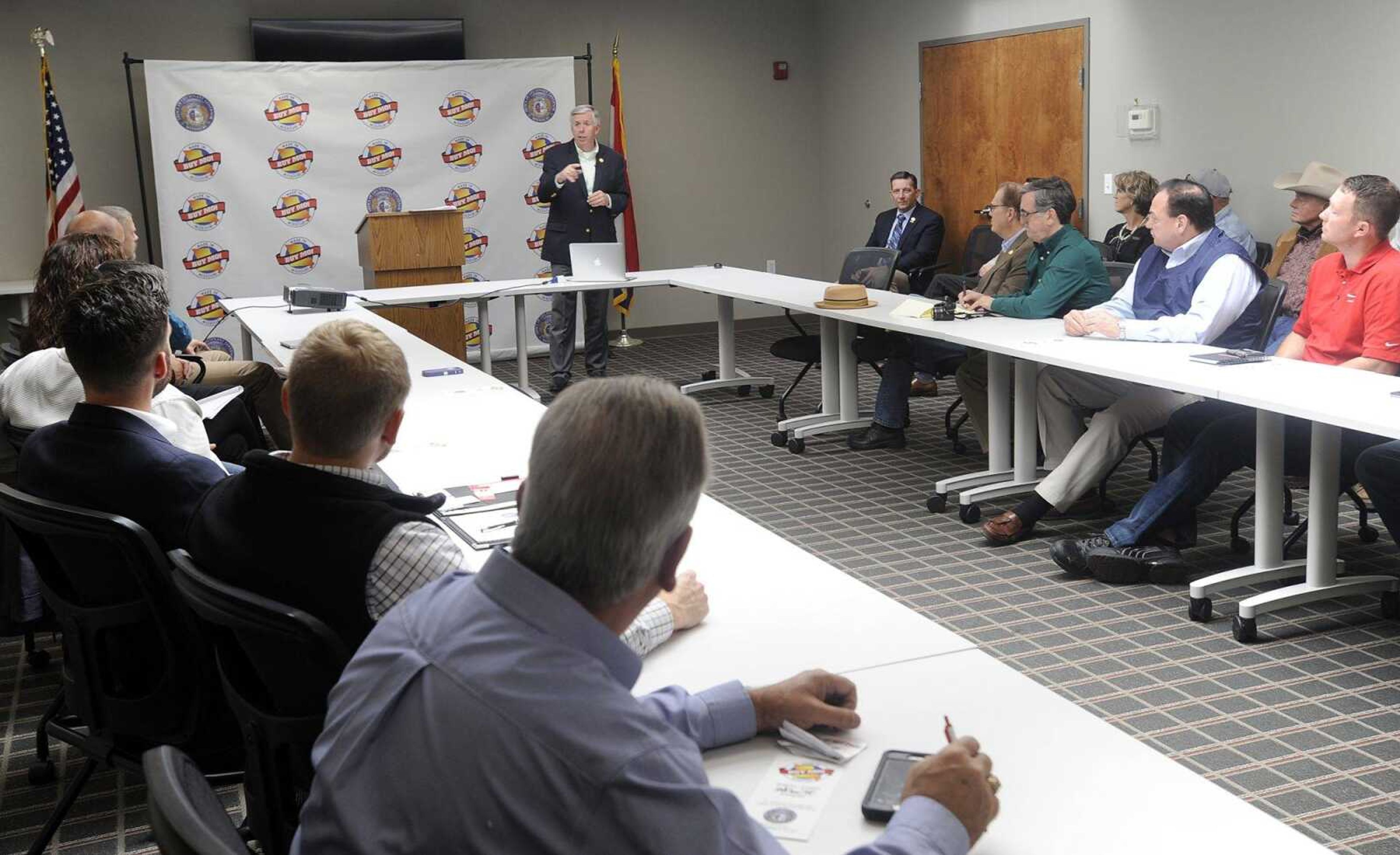 Lt. Gov. Mike Parson speaks Wednesday in support of Buy Missouri at the Cape Girardeau Area Chamber of Commerce.