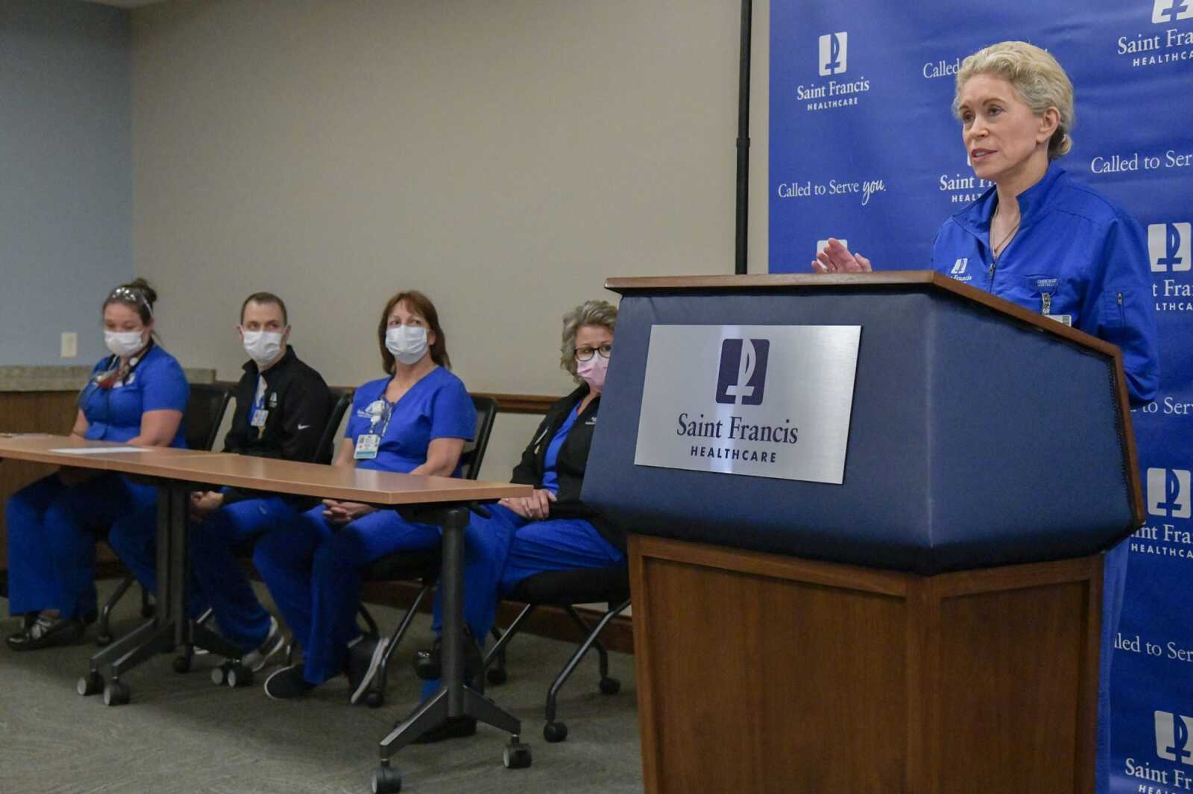 President and CEO Maryann Reese speaks during Thursday's news conference about COVID-19 care at  Saint Francis Medical Center in Cape Girardeau.