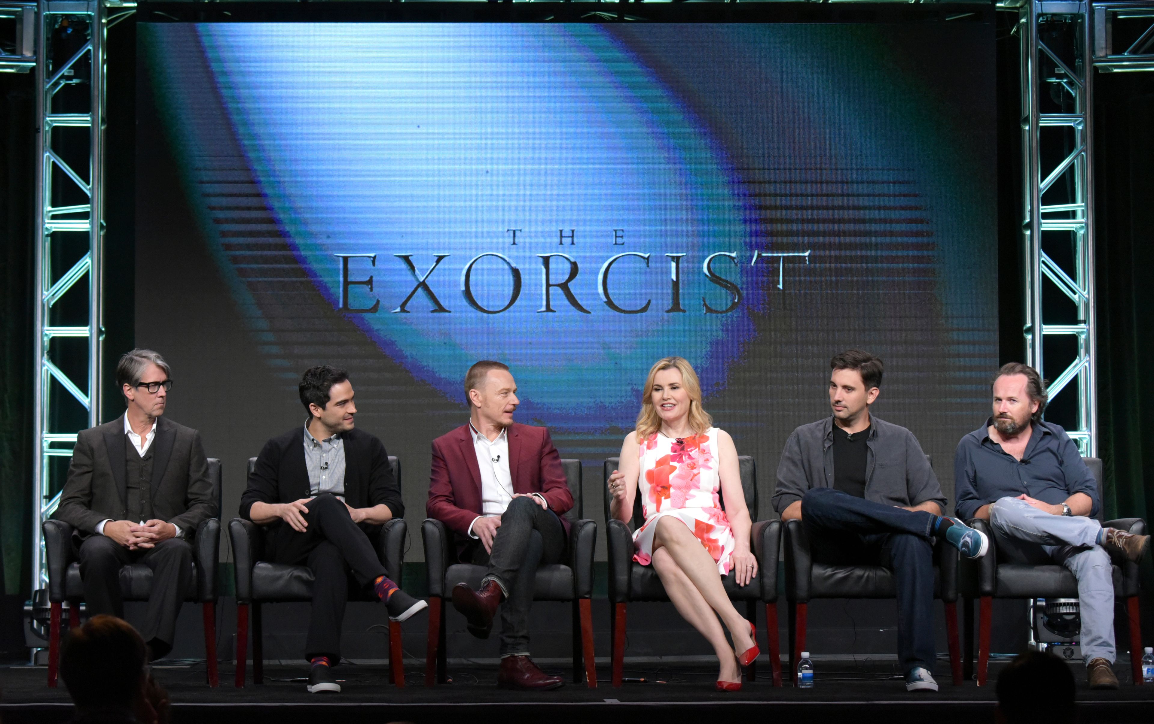 FILE - Alan Ruck, from left, Alfonso Herrera, Ben Daniels, Geena Davis, creator/executive producer Jeremy Slater and executive producer/director Rupert Wyatt participate in the panel for "The Exorcist" during the Fox Television Critics Association summer press tour, Aug. 8, 2016, in Beverly Hills, Calif. (Photo by Richard Shotwell/Invision/AP, File)