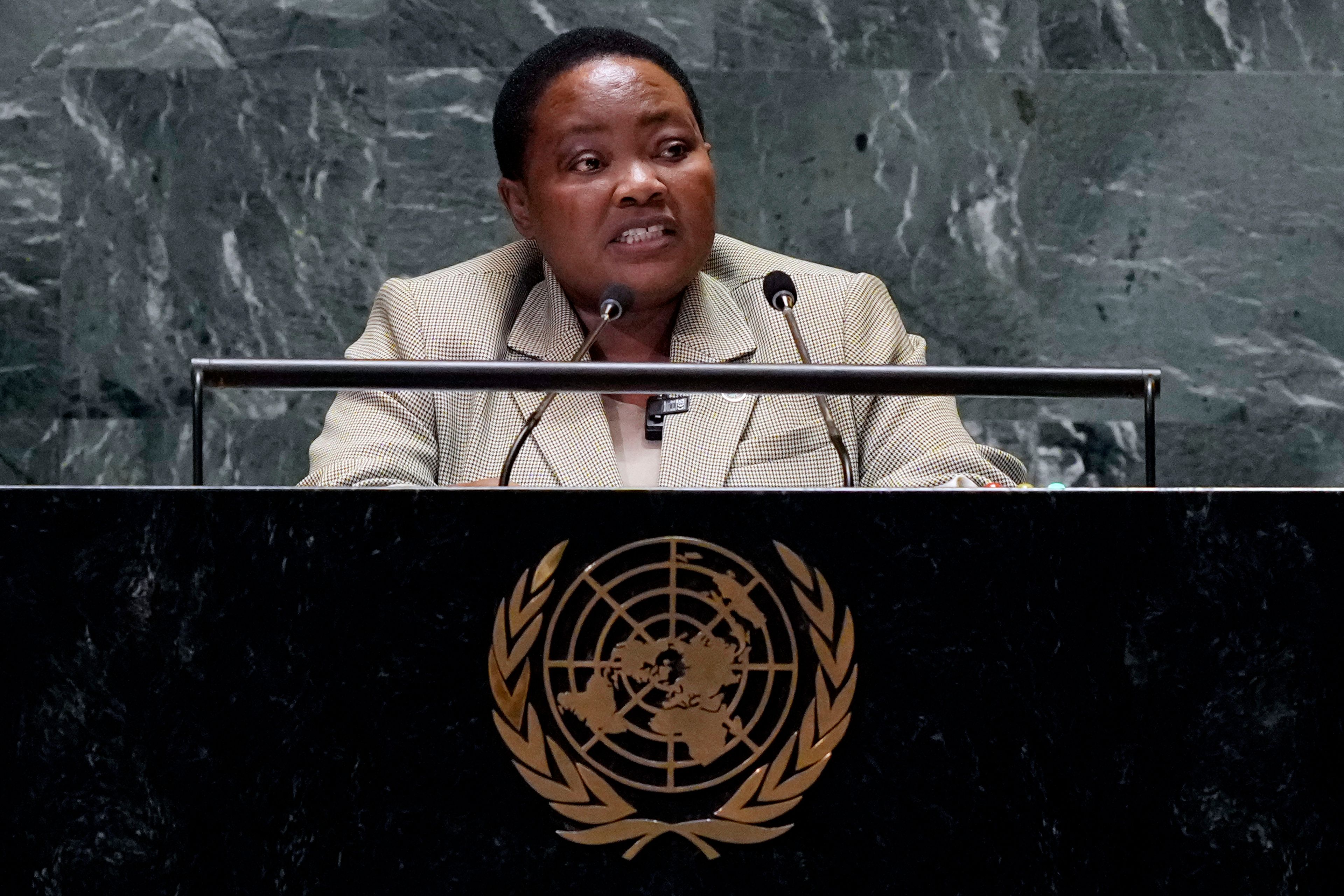 Uganda Prime Minister Robinah Nabbanja addresses the 79th session of the United Nations General Assembly, Friday, Sept. 27, 2024. (AP Photo/Richard Drew)