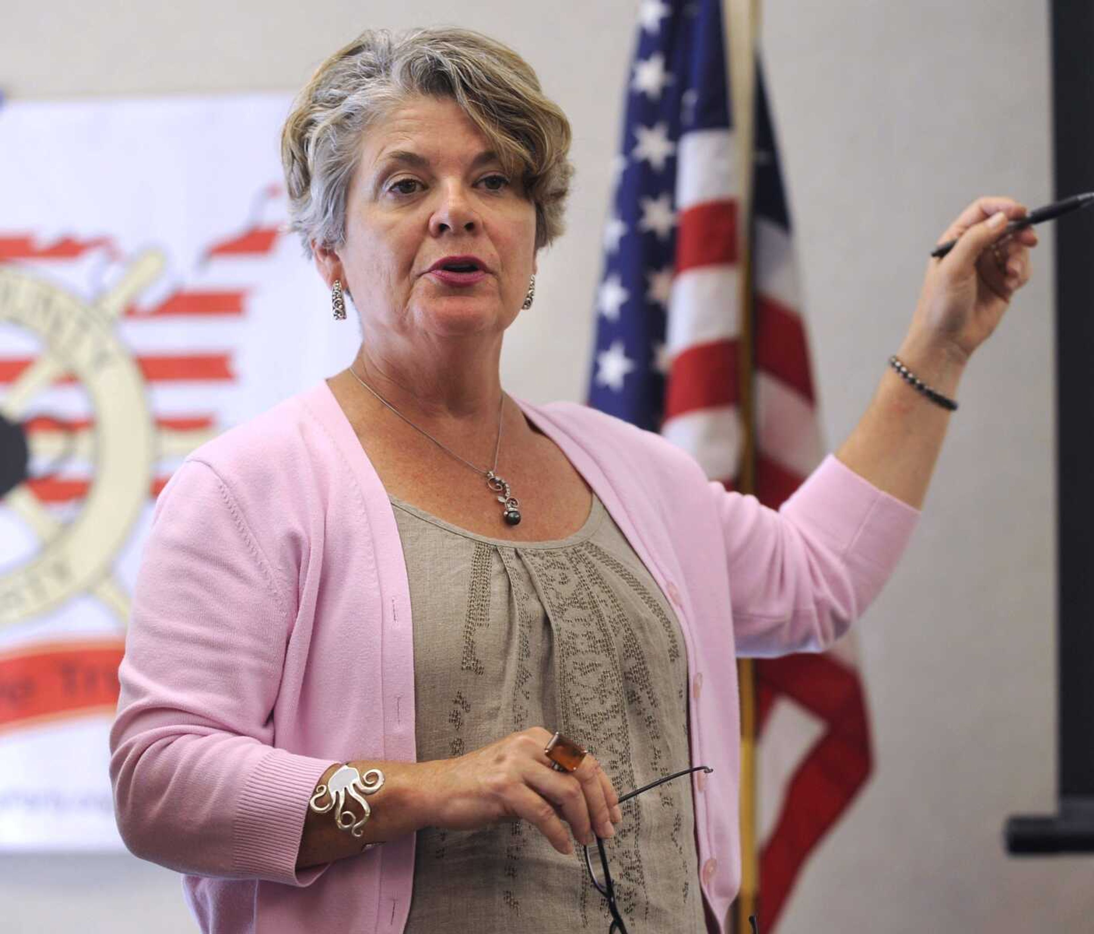 Gretchen Logue, co-editor for Missouri Education Watchdog and education researcher with the Missouri Coalition Against Common Core, speaks about Common Core Standards on Tuesday at the Cape Girardeau Public Library. (Fred Lynch)