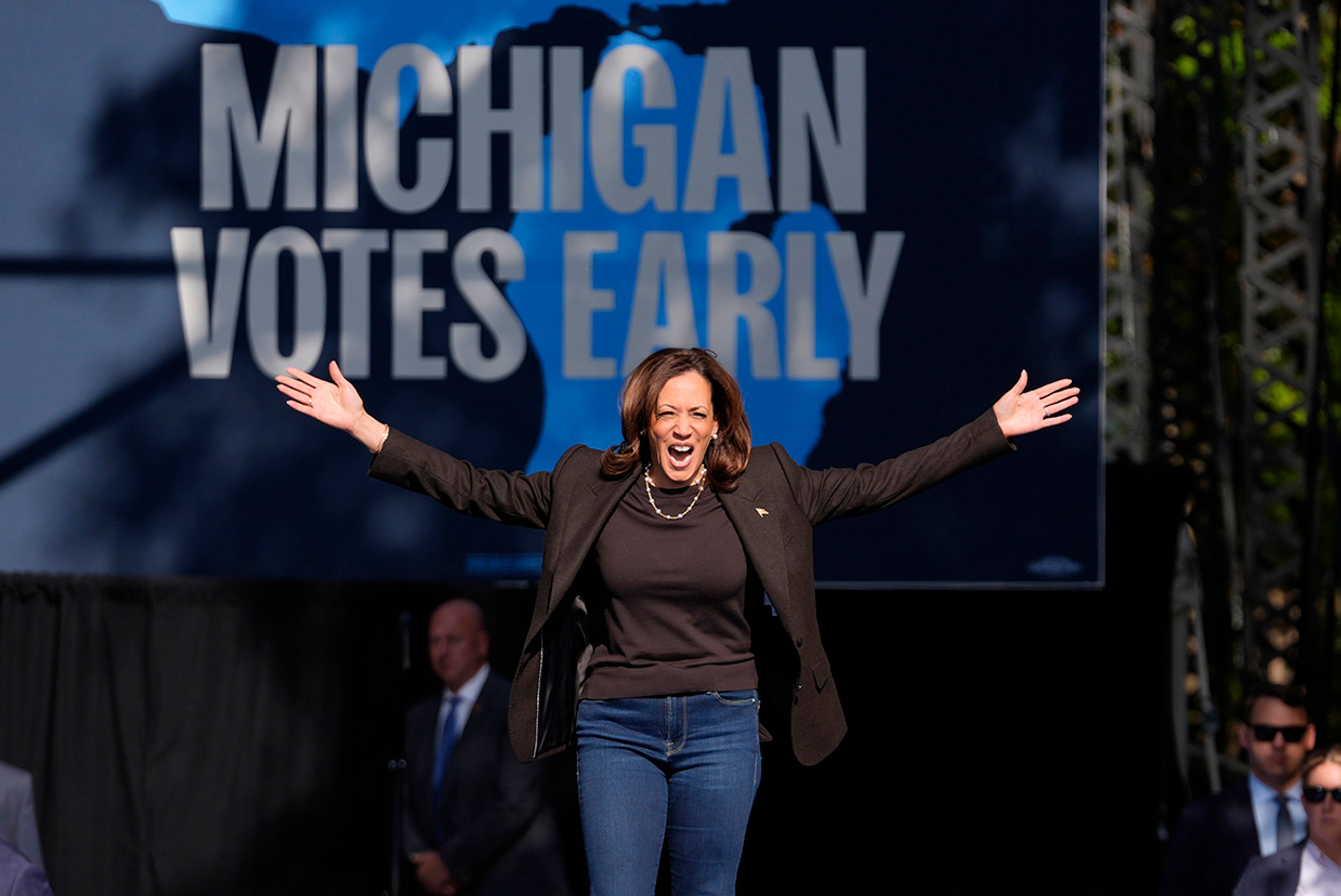 Democratic presidential nominee Vice President Kamala Harris arrives to speak at a campaign rally in Riverside Park, Friday, Oct. 18, 2024, in Grand Rapids, Mich. 