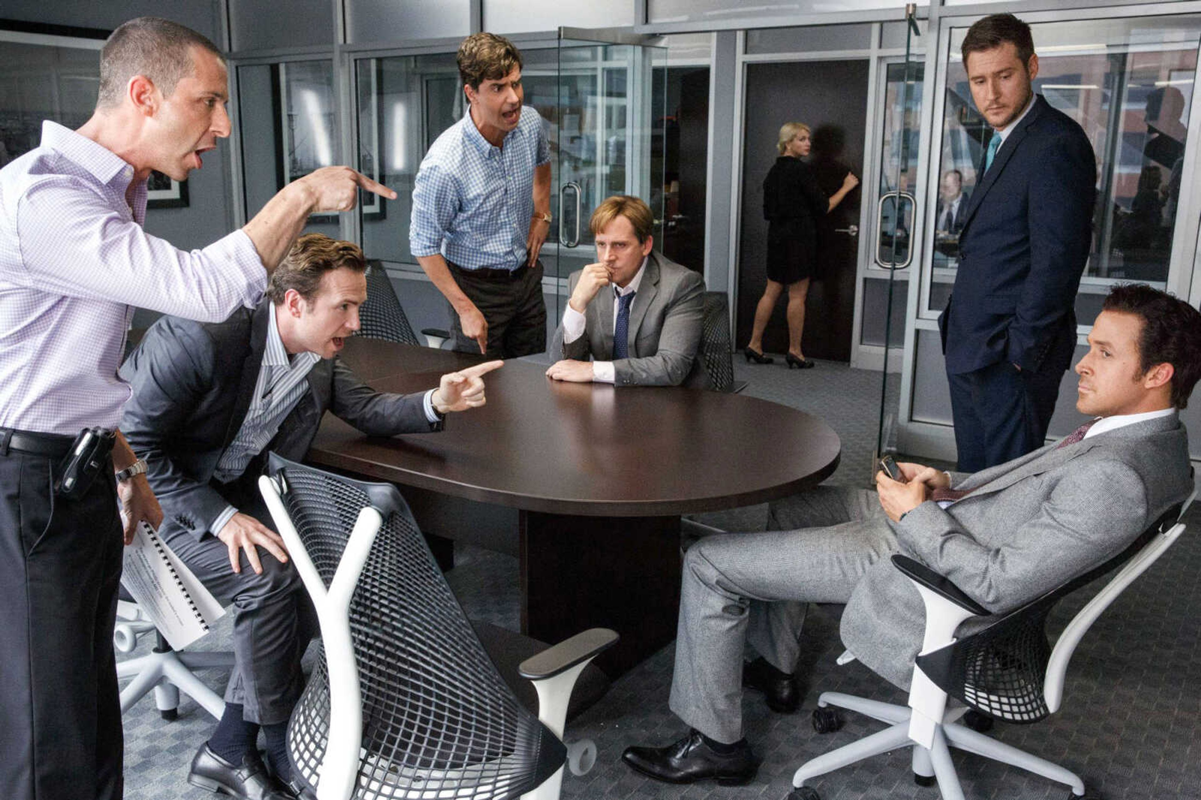 Jeremy Strong, left, Rafe Spall, Hamish Linklater, Steve Carell, Jeffry Griffin and Ryan Gosling in the film "The Big Short." The film was nominated for a Golden Globe award for best motion picture comedy or musical. (Jaap Buitendijk ~ Paramount Pictures via AP)