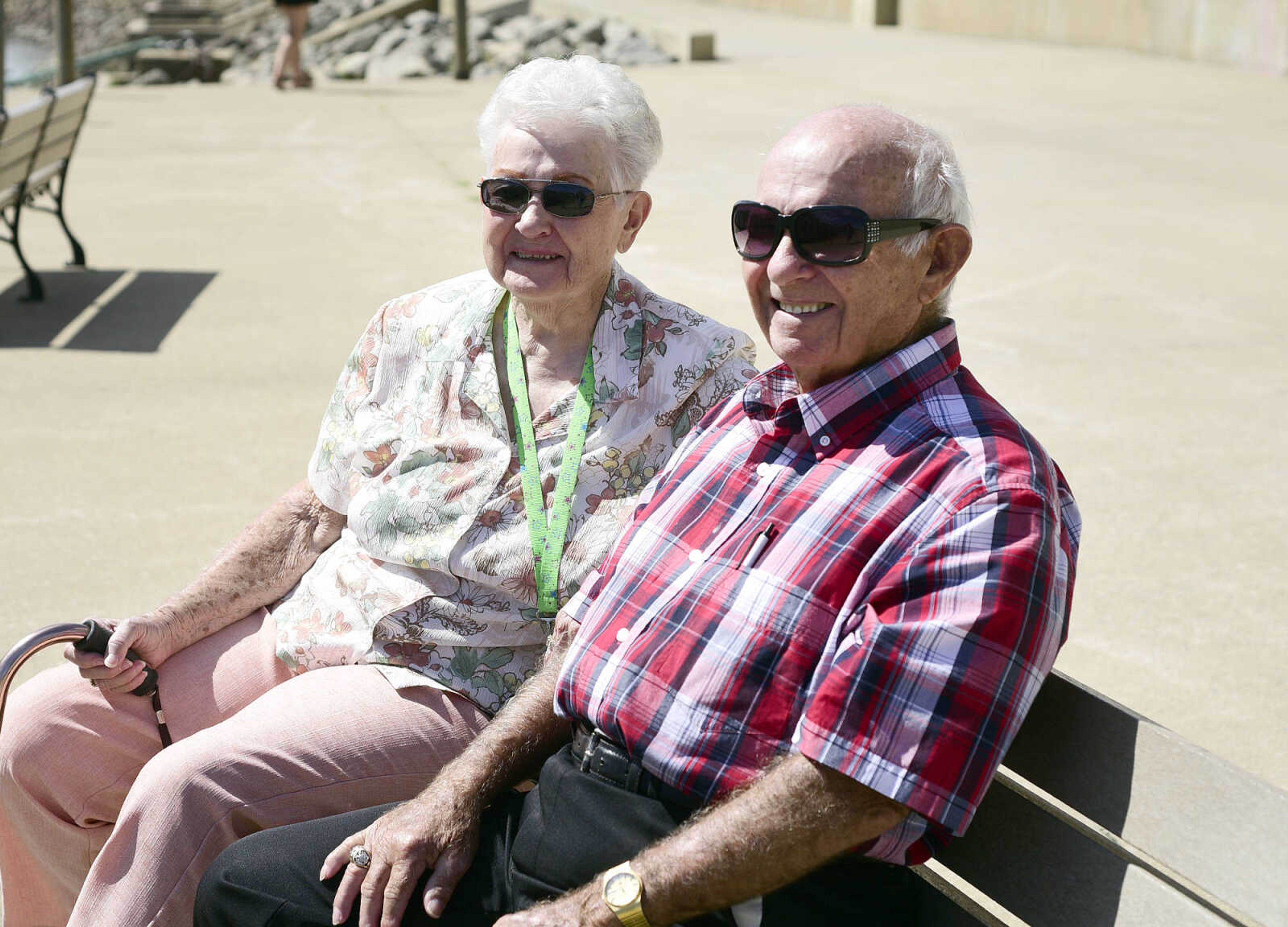 Warren Skinner and Peggy Fassel pose for a photo at Riverfront Park on Wednesday, Aug. 23, 2017, in downtown Cape Girardeau. Skinner and Fassel were taking in the view of the American Queen and the Queen of the Mississippi while the two riverboats were docked next to each other.