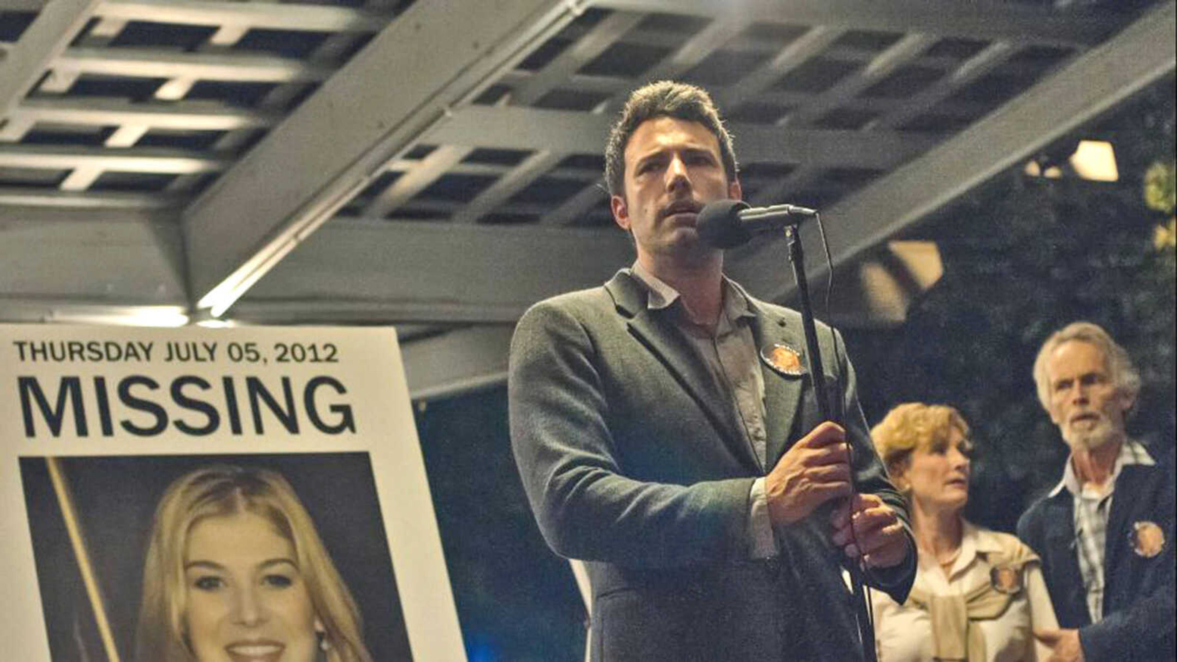 This promotional photo which shows Ben Affleck playing the role of Nick Dunne in the movie "Gone Girl" was taken at the courthouse park gazebo in Cape Girardeau (Associated Press)