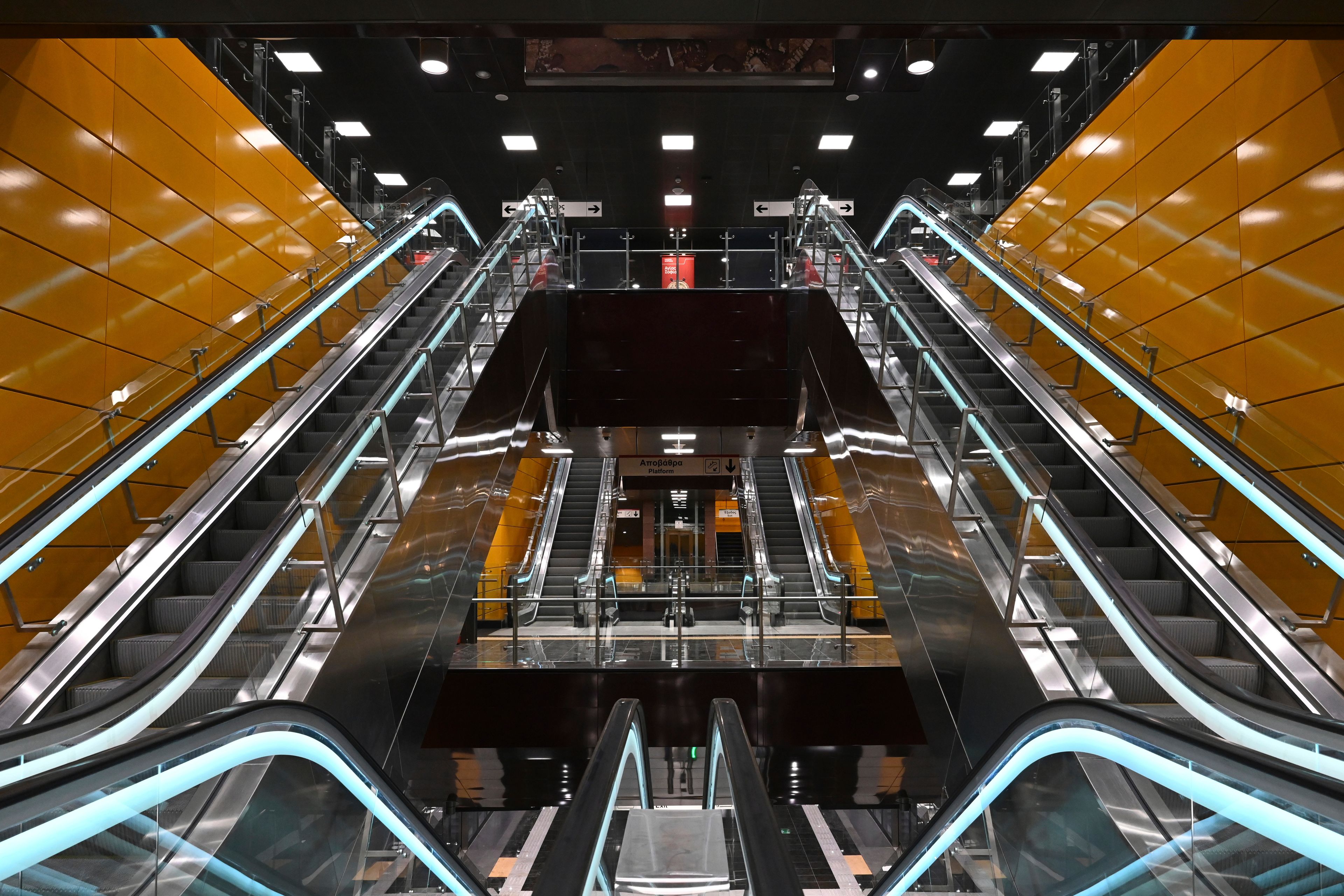 The newly built Agias Sofias metro station ahead of its Nov. 30 official opening, in Thessaloniki, northern Greece, Friday, Nov. 22, 2024 – part of the city's long-delayed subway system showcasing archaeological finds from decades of construction. (AP Photo/Giannis Papanikos)