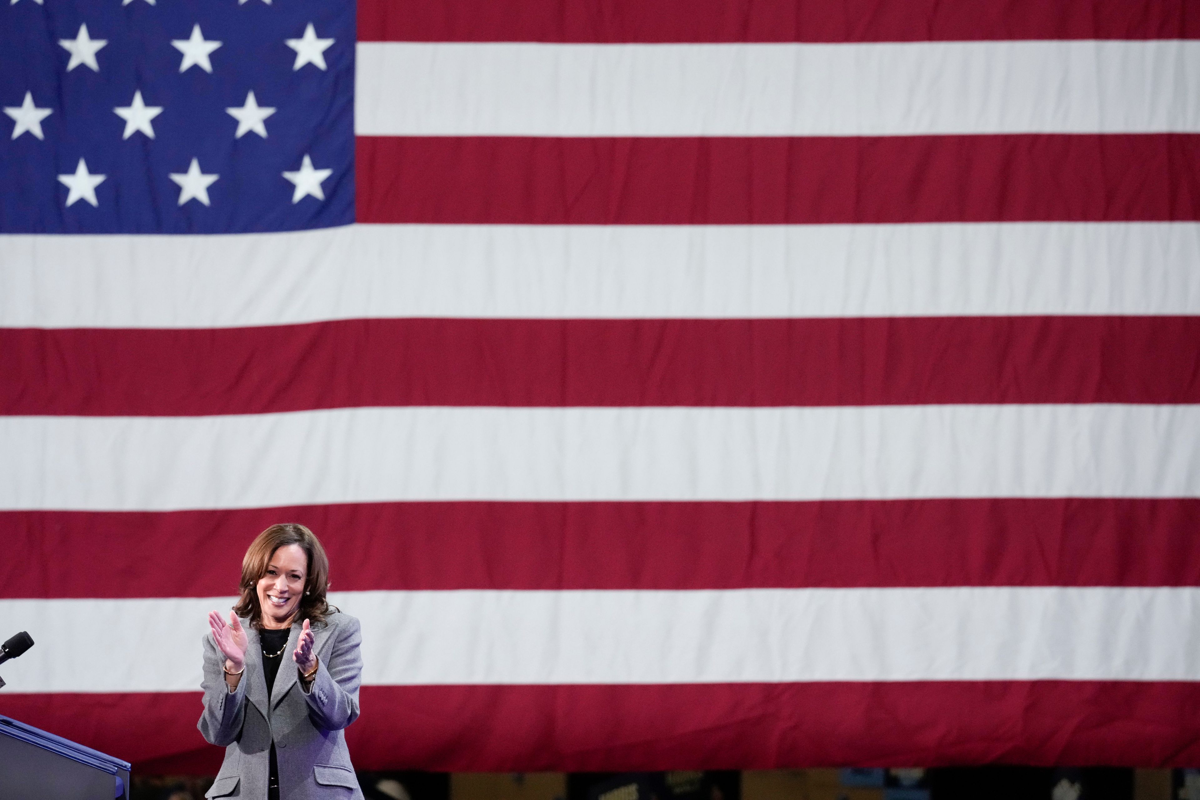 Democratic presidential nominee Vice President Kamala Harris reacts to the crowd during a campaign event at Lakewood Amphitheatre, Saturday, Oct. 19, 2024, in Atlanta. (AP Photo/Brynn Anderson)