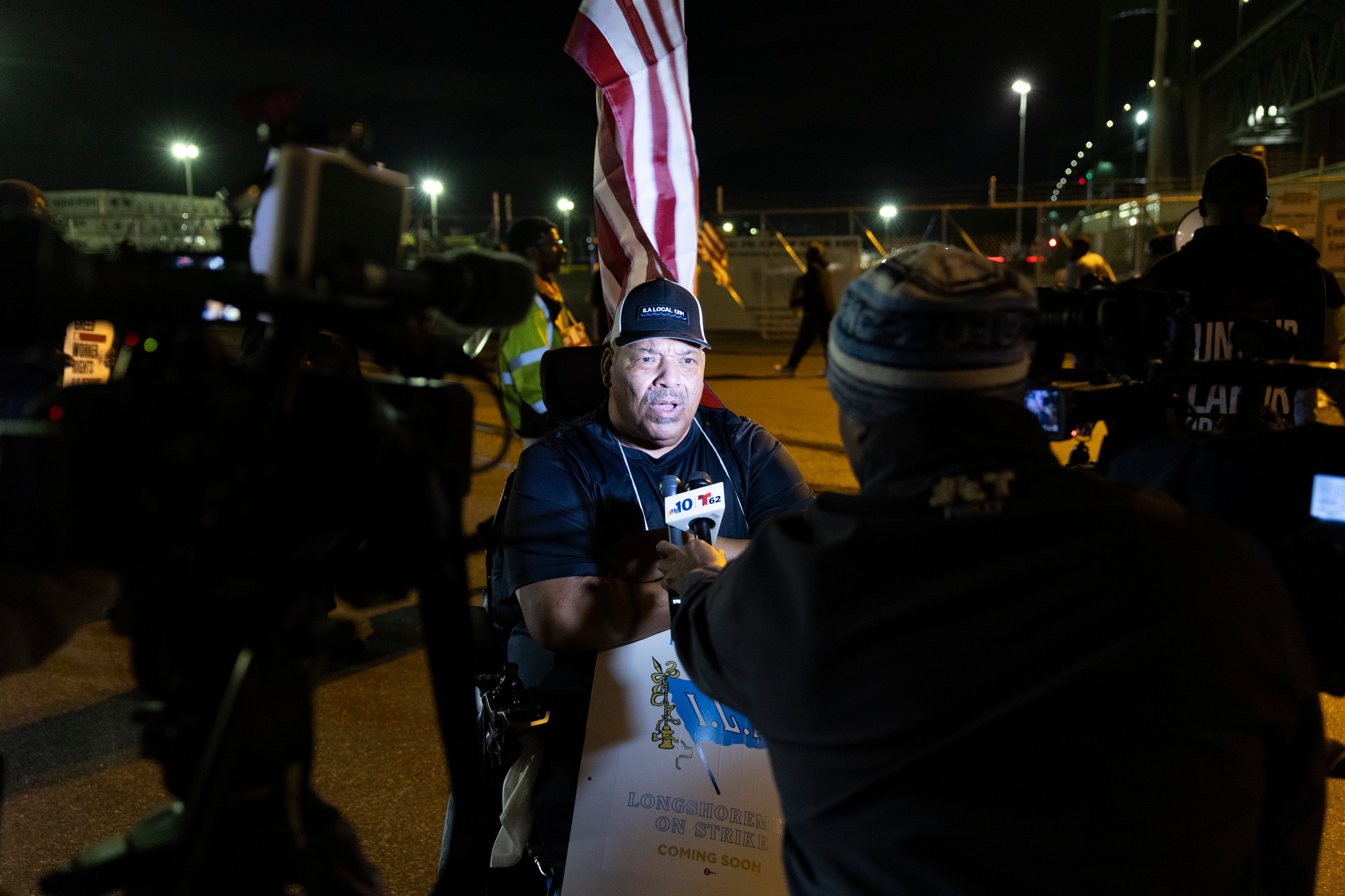 Boise Butler, president of ILA Local 1291, speaks to the press outside the Packer Avenue Marine Terminal Port in Philadelphia, Tuesday, Oct. 1, 2024. (AP Photo/Ryan Collerd)