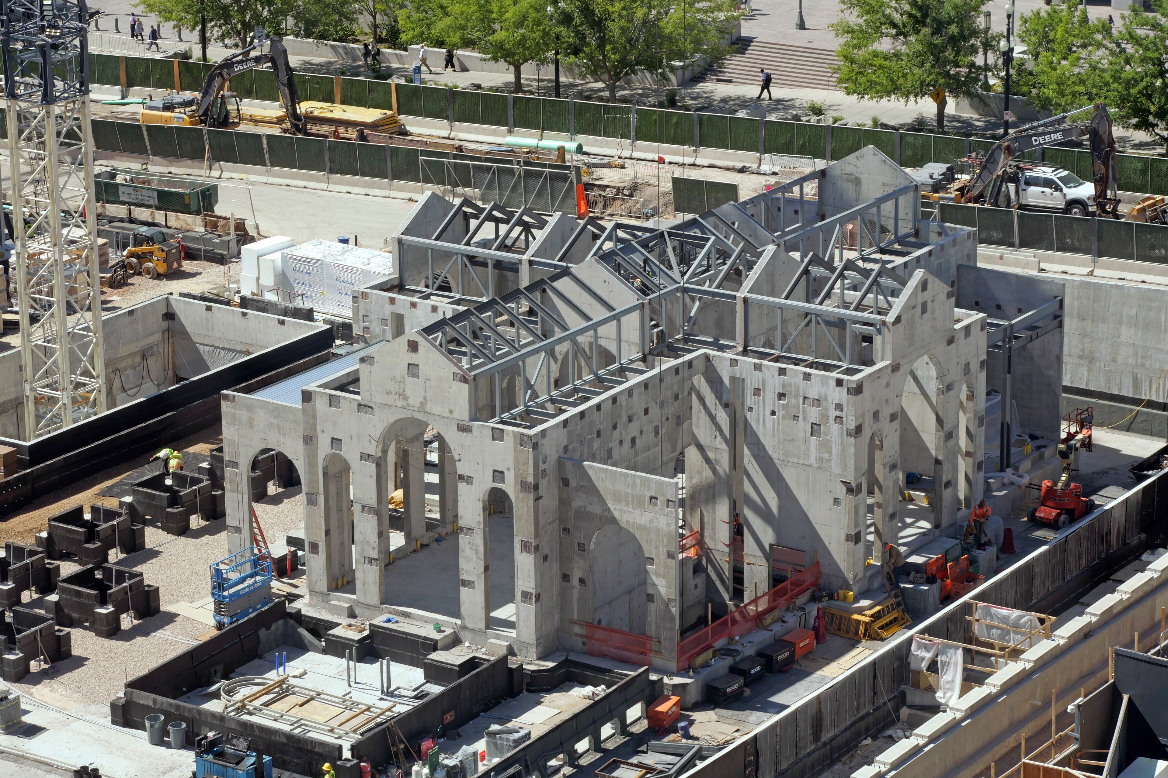 A view of the ongoing Temple Square renovation project, showing one of the north pavilions, is seen on June 4, 2024, in Salt Lake City. (AP Photo/Rick Bowmer)