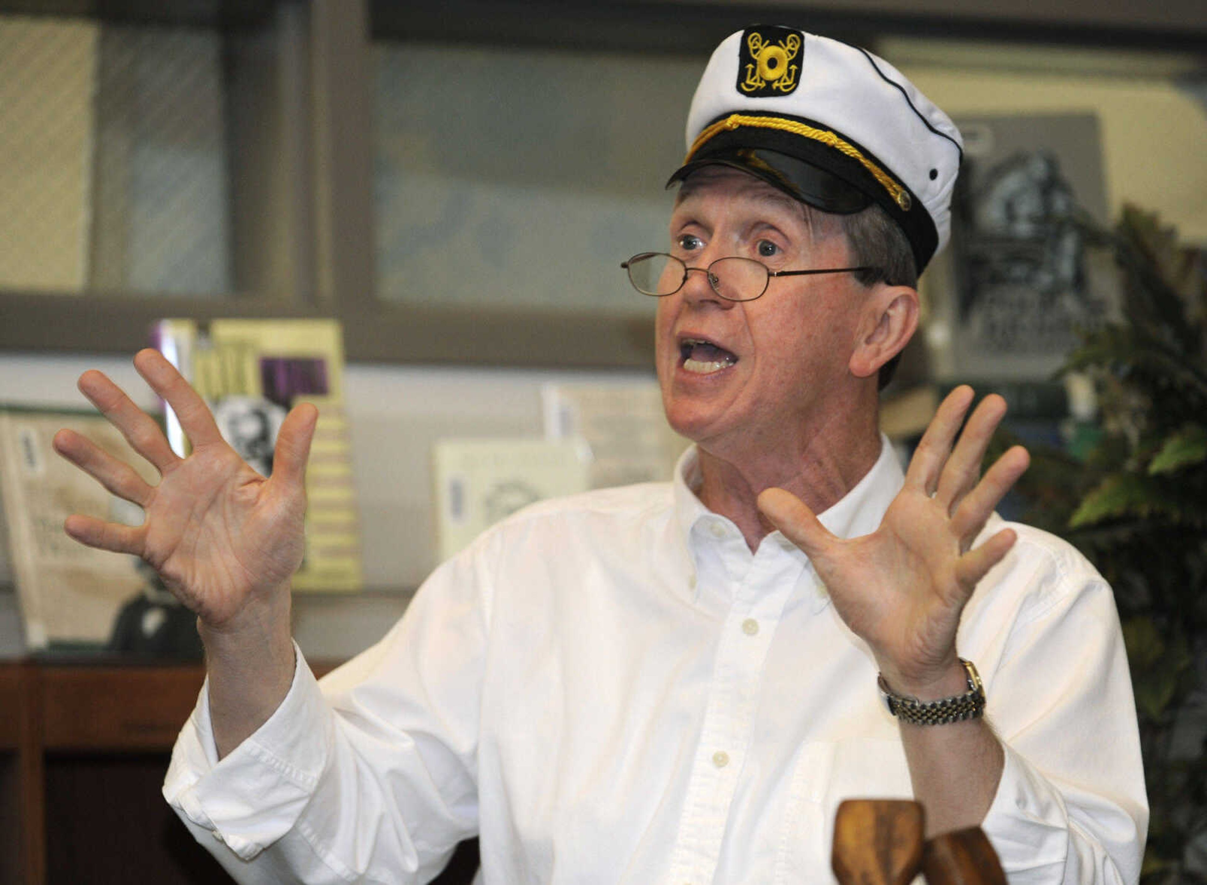 FRED LYNCH ~ flynch@semissourian.com
Capt. Mike Cowan greets the passengers aboard the Nebraska riverboat on May 21, 1861, during the Mark Twain Centennial event Tuesday, April 13, 2010, at Central High School. Cowan said they were one of the last boats to get through the blockade in Memphis. "Union soldiers boarded and searched our boat in Cairo," he said. "I need to get back to the Captain's House. I have given orders to Pilot Josh Crowell to provide passengers with entertainment, and I hope that he provides a pleasurable boat ride."