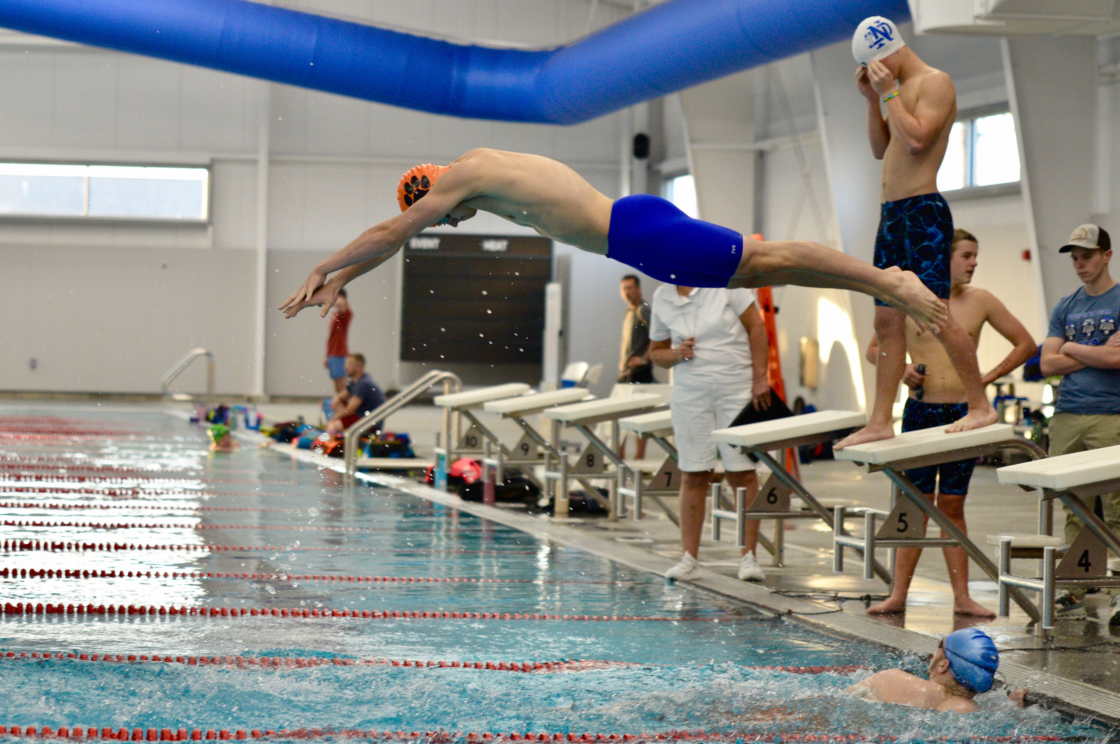 Cape Central’s Phineas Theall dives during a relay on Tuesday, Oct. 29, at the Cape Aquatic Center.