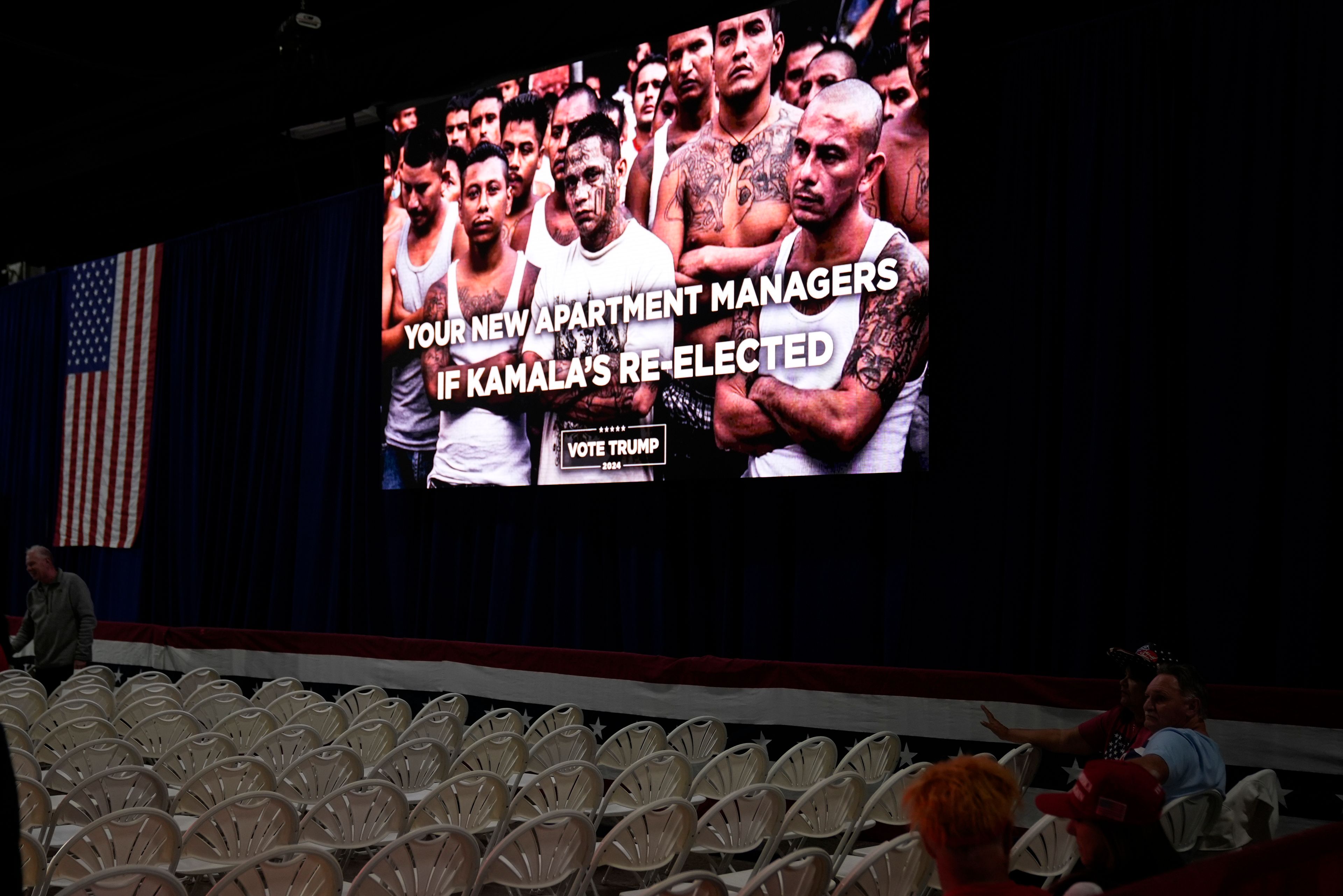 A video is displayed before Republican presidential nominee former President Donald Trump speaks at a campaign town hall at the Greater Philadelphia Expo Center & Fairgrounds, Monday, Oct. 14, 2024, in Oaks, Pa. (AP Photo/Alex Brandon)