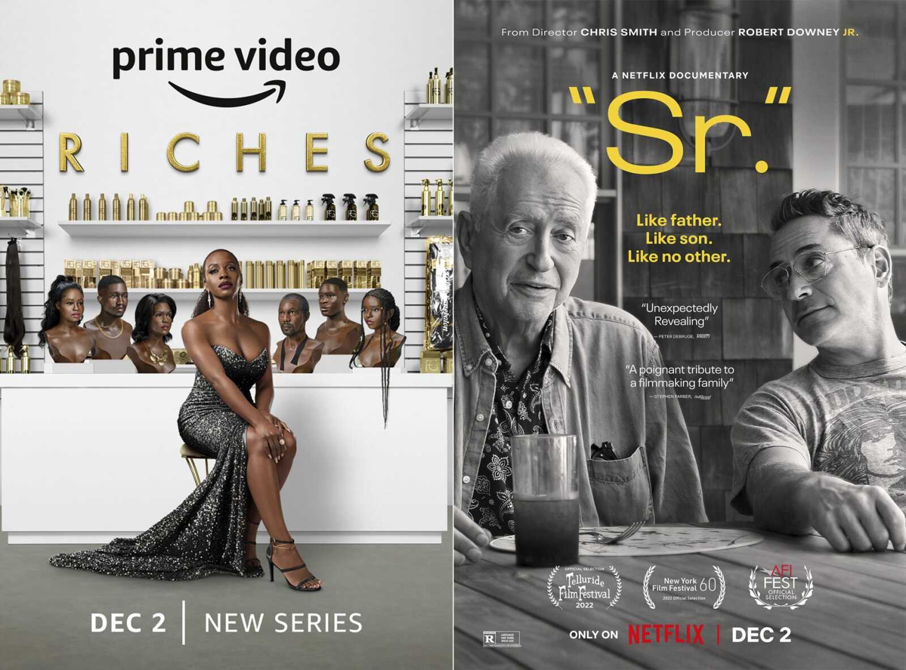 "Riches", a series premiering Friday, Dec. 2, on Amazon, left, and "Sr.", a documentary premiering on Netflix on Friday, Dec. 2.