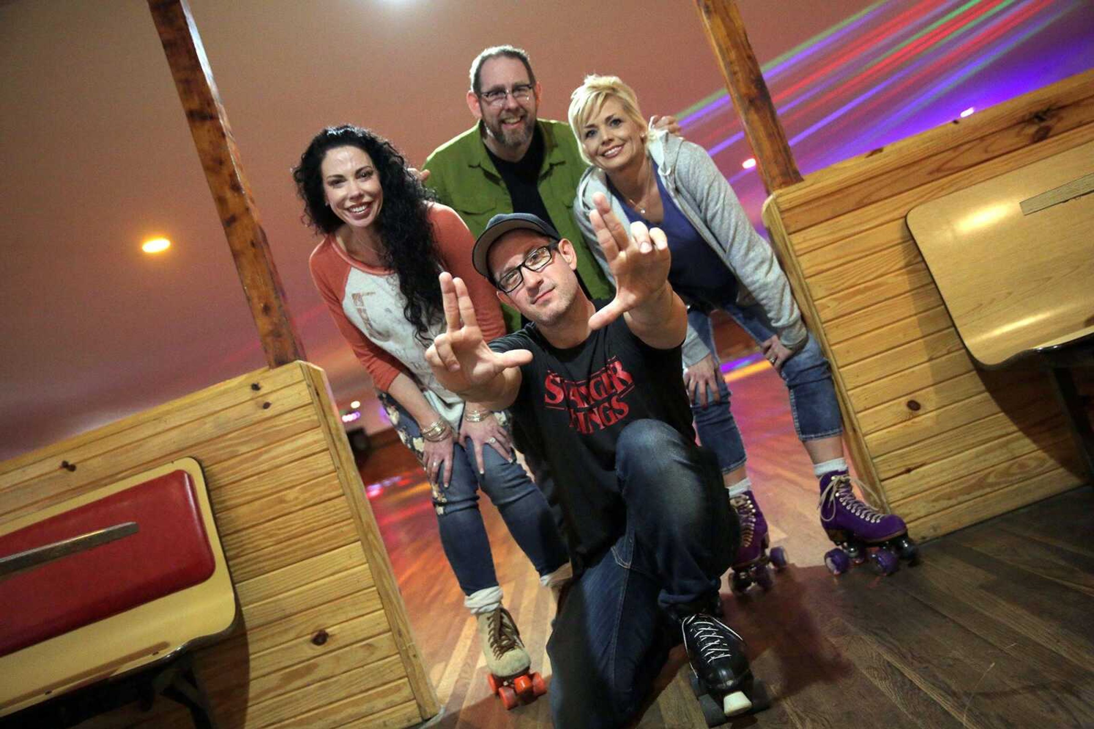 The film "All Nite Skate" will shoot in the area this summer. Clockwise from left, Gretchen Griggs, the film's producer; PJ Gaynard, cinematographer; Jackie Riggins, owner of the Puxico Skating Rink, which will stand in for the Jackson Skate Rink in the film; and Nick Murphy, the writer and director of "All Nite Skate," pose for a photo Saturday at Puxico Skating Rink in Puxico, Missouri.