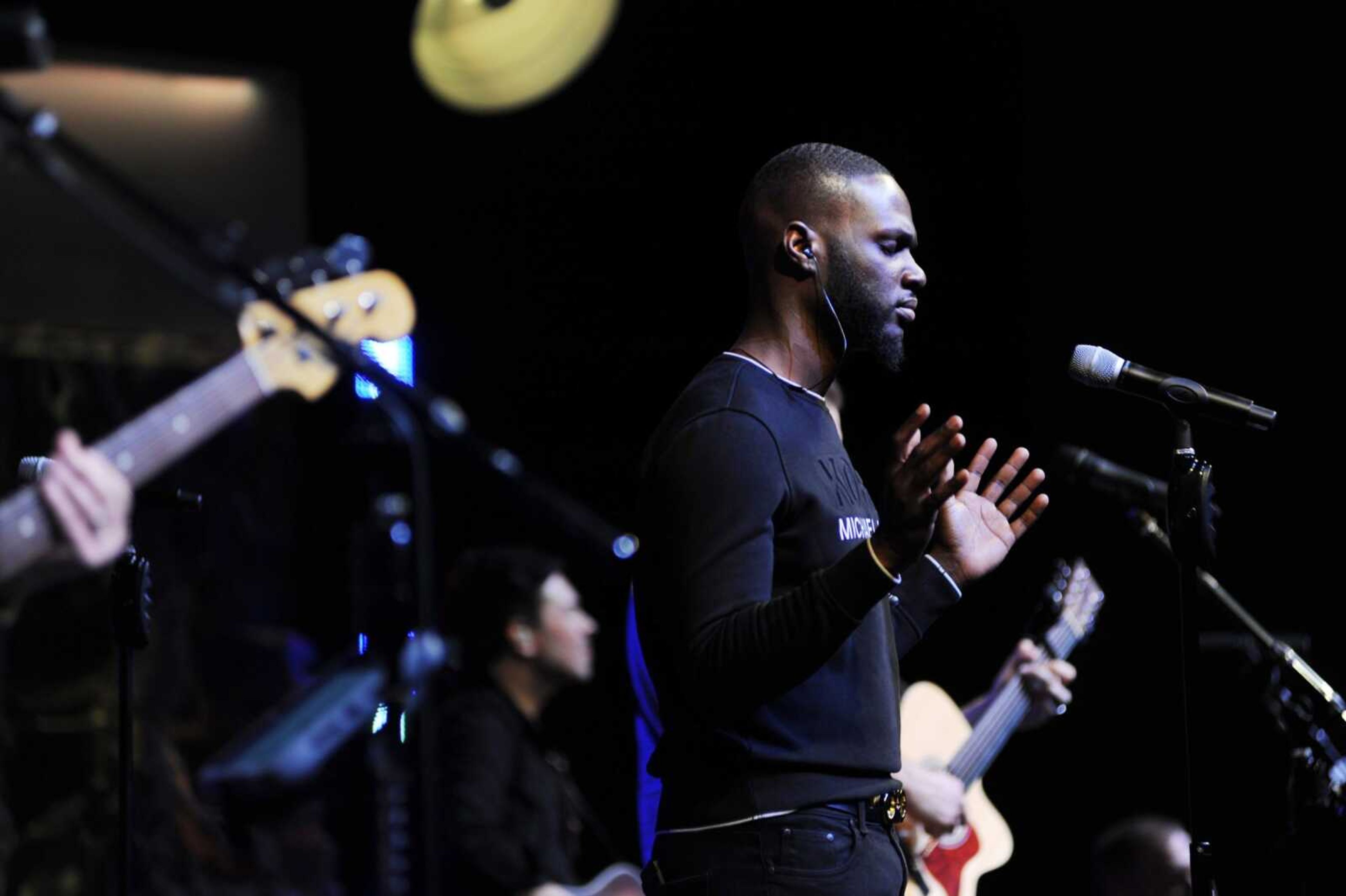 Vocalist Jackson Siples from Lighthouse Ministries performs worship music with the Lynwood Praise Band at Thursday night's National Day of Prayer event at Lynwood Baptist Church in Cape Girardeau. Four area pastors -- Mark Anderson of Lynwood Baptist Church, Gary Brothers of Cape First Church, Brett Cheek of LaCroix Church and Adrian Taylor of Lighthouse Ministries --  led the community in prayer. The gathering concluded two days of activities in Cape Girardeau.