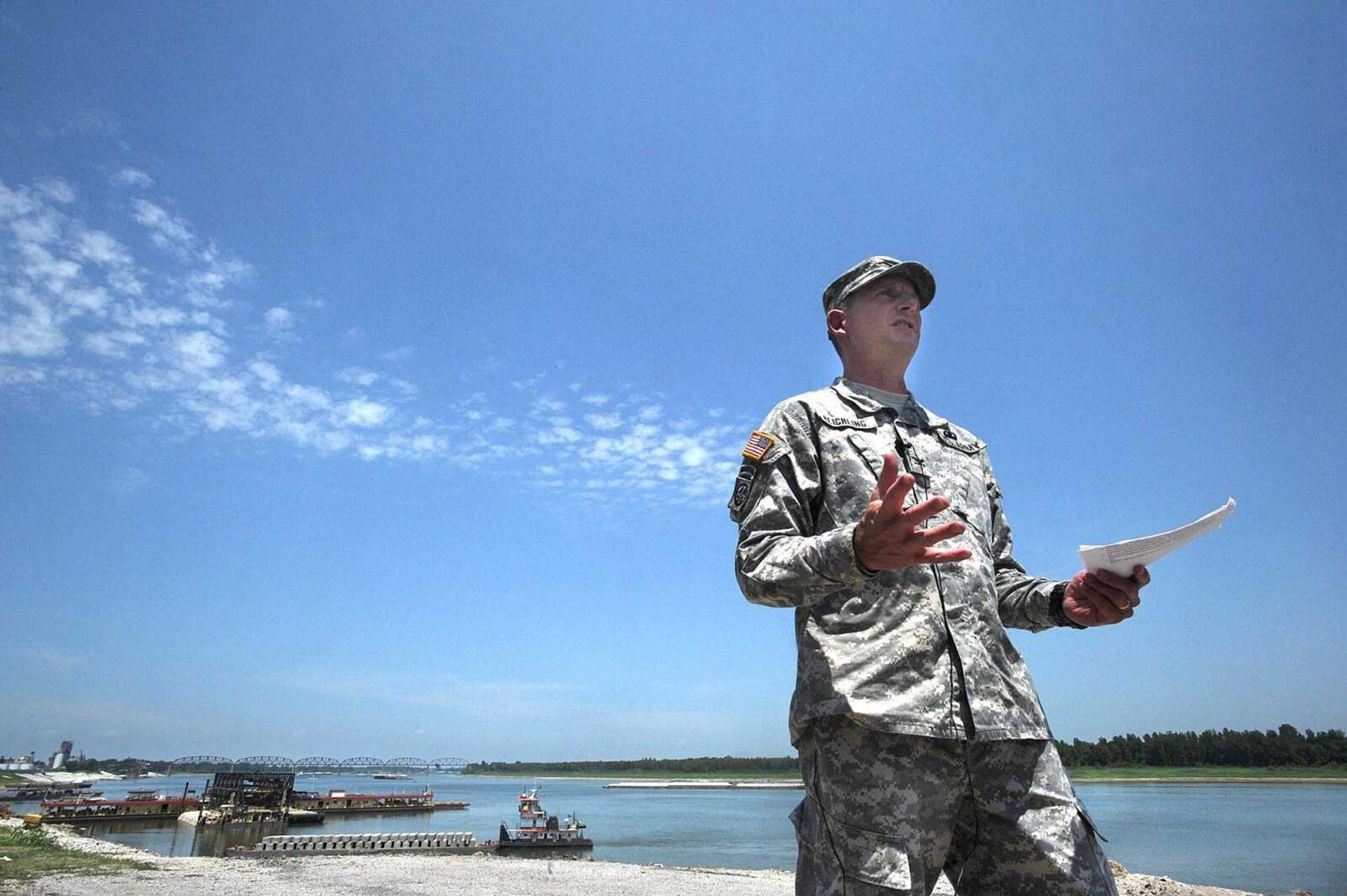 Col. Vernie Reichling, commander of the Memphis District of the U.S. Army Corps of Engineers, fields questions about the rebuilding of the intentional breach of the Birds Point Levee during a news conference Thursday, July 19, 2012 at the Cairo, Ill., riverfront. Reichling also fielded questions on the affect the drought is having on the Ohio and Mississippi Rivers. (Laura Simon)