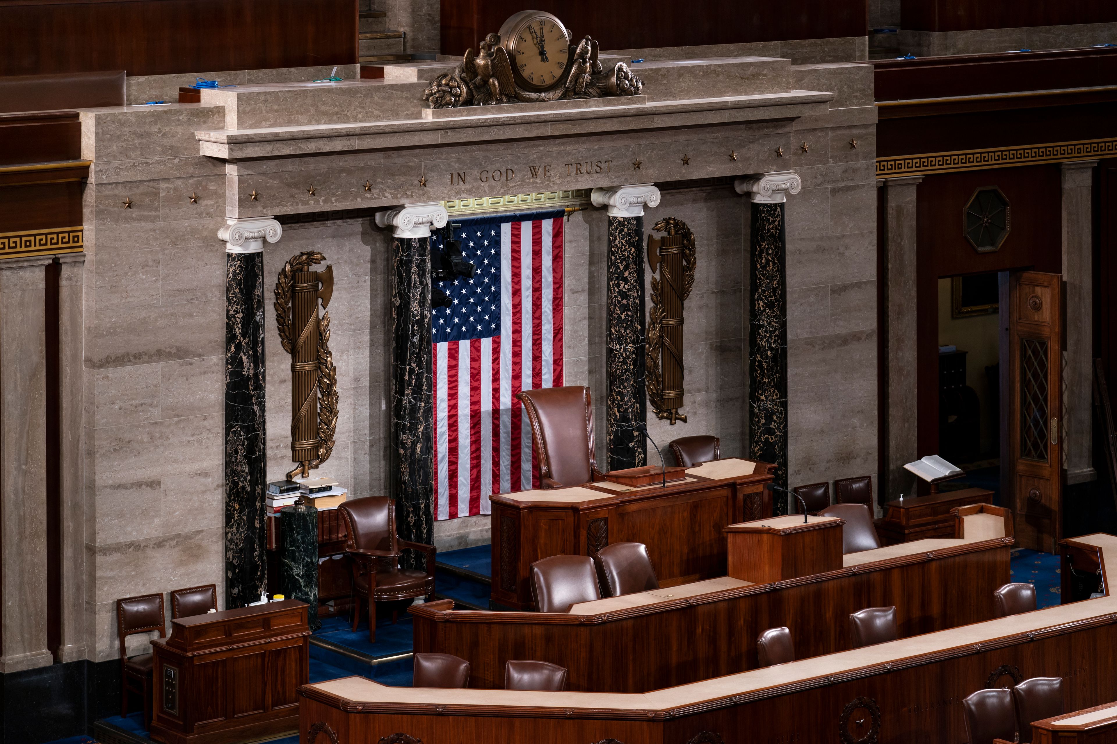 FILE - The speaker's dais is seen in the House of Representatives of the Capitol in Washington, Feb. 28, 2022. In the 2024 elections, Republicans have won enough seats to control the U.S. House, completing the party's sweep into power and securing their hold on U.S. government alongside President-elect Donald Trump. (AP Photo/J. Scott Applewhite, File)