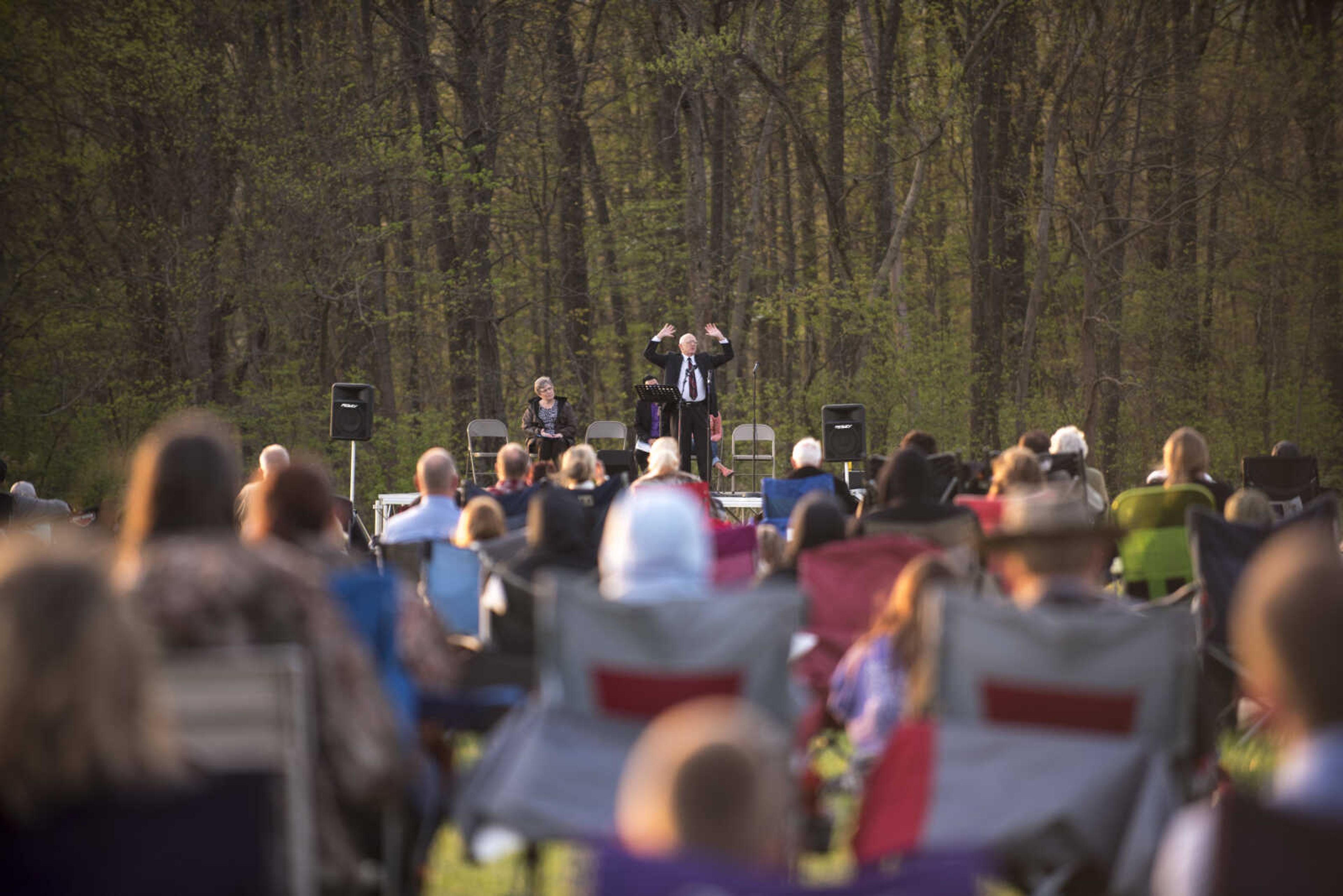 Pastor Ed Hoke gives a sermon during the 81st annual Easter Sunrise Service at the Bald Knob Cross of Peace Sunday, April 16, 2017 in Alto Pass, Illinois.