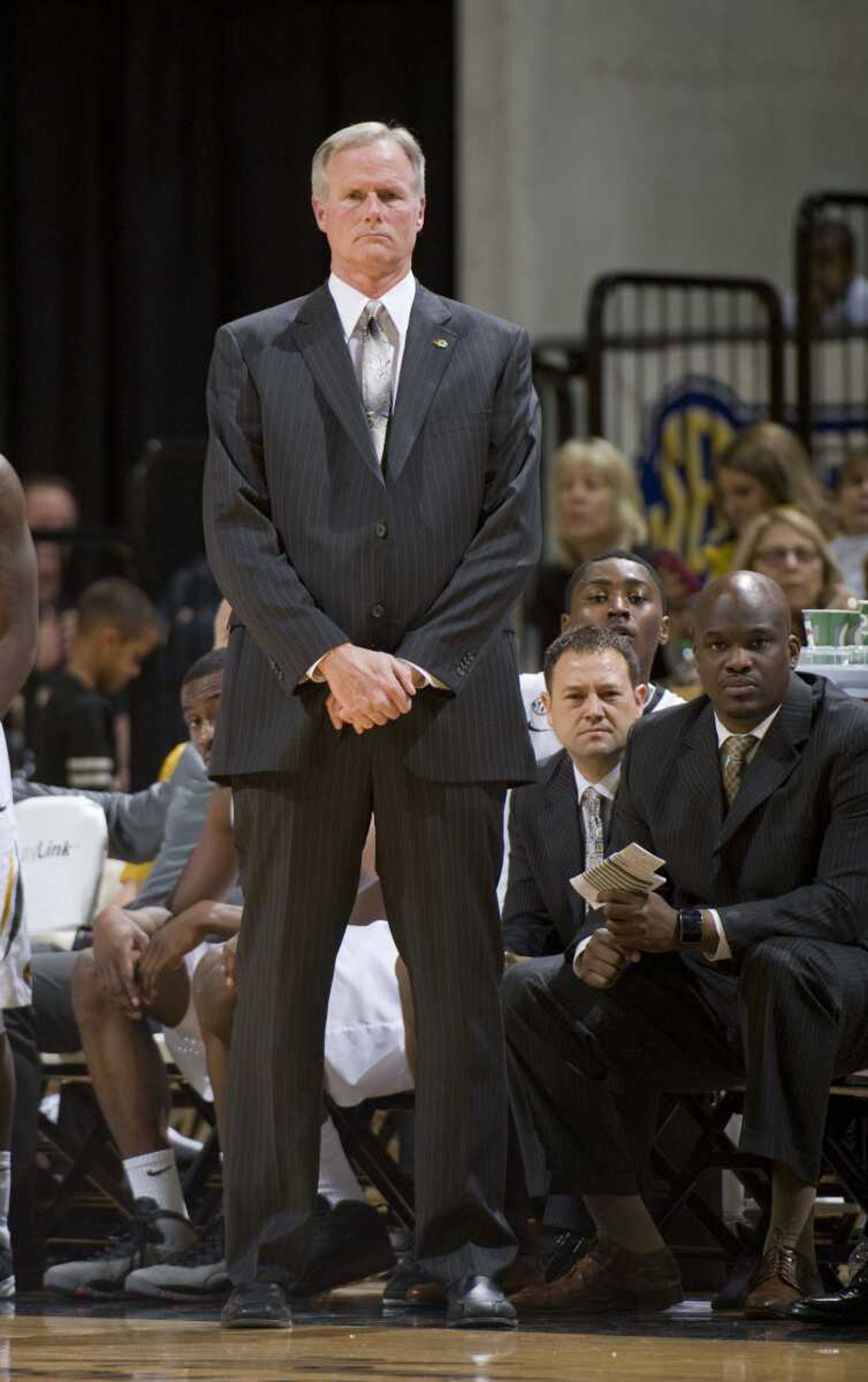 Missouri coach Kim Anderson watches the final minutes of the team's 69-61 loss to UMKC in a game Friday in Columbia, Missouri. (L.G. Patterson ~ Associated Press)