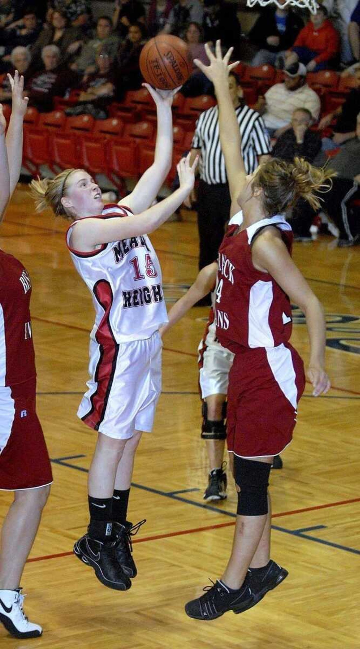 ELIZABETH DODD ~ edodd@semissourian.comMeadow Heights' Whitney Welker scores two points against Bismarck's Brooke Taylor in the second half of a Panther victory 74-70 in the Class 2 state sectional Wednesday night at Park Hills.