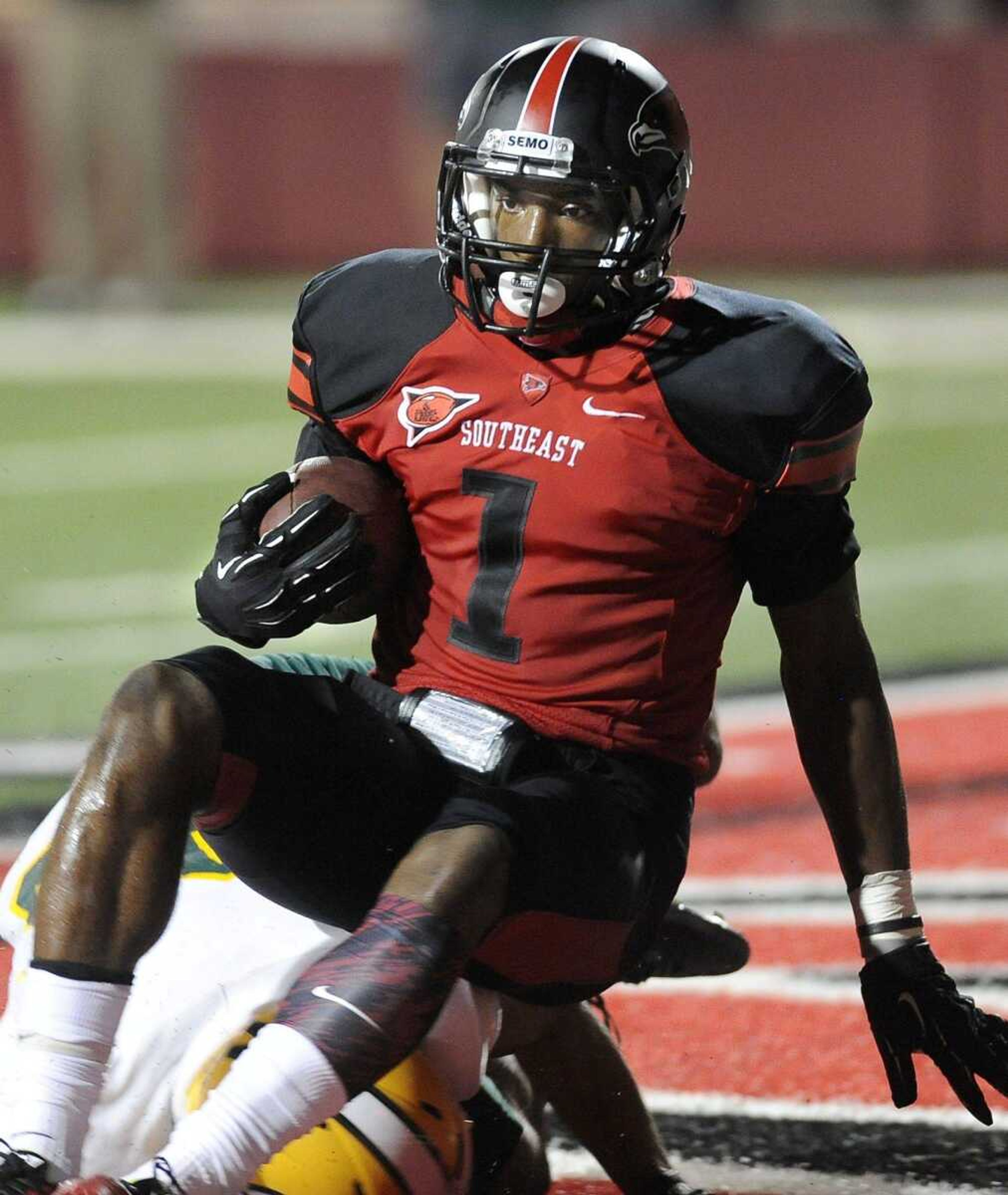 Southeast Missouri State wide receiver Paul McRoberts scores the tying touchdown against Southeastern Louisiana on a pass from quarterback Kyle Snyder with 4.6 seconds remaining in the fourth quarter Saturday, Sept. 20, 2014 at Houck Stadium. (Fred Lynch)