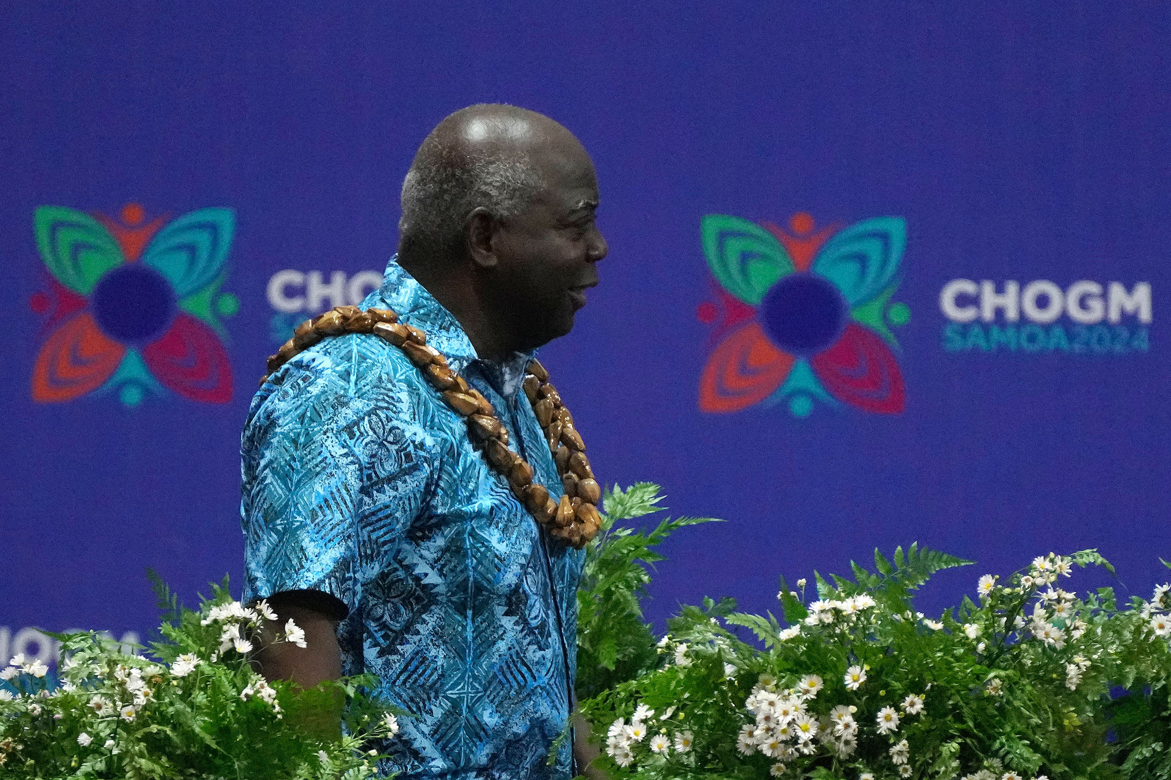 Prime Minister of the Bahamas Philip Davis arrives for the opening ceremony for the Commonwealth Heads of Government meeting in Apia, Samoa, Friday, Oct. 25, 2024. (AP Photo/Rick Rycroft, Pool)