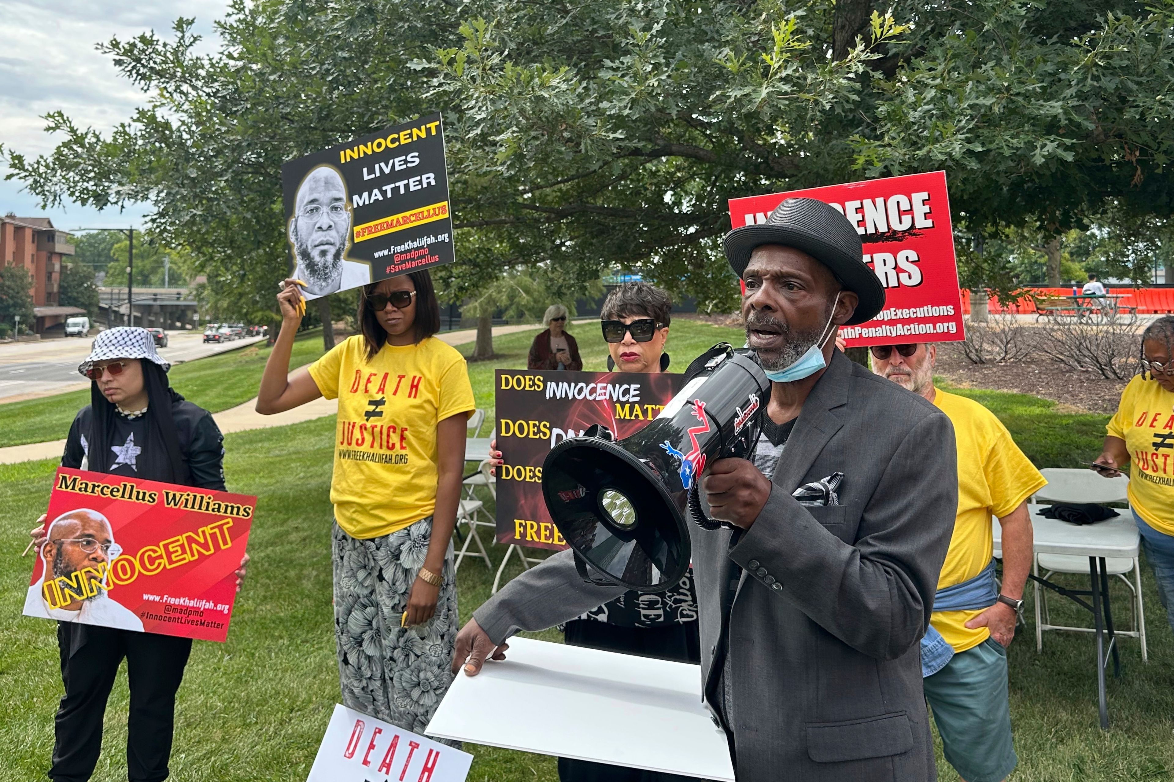 Joseph Amrine, who was exonerated two decades ago after spending years on death row, speaks at a rally to support Missouri death row inmates Marcellus Williams on Wednesday in Clayton.