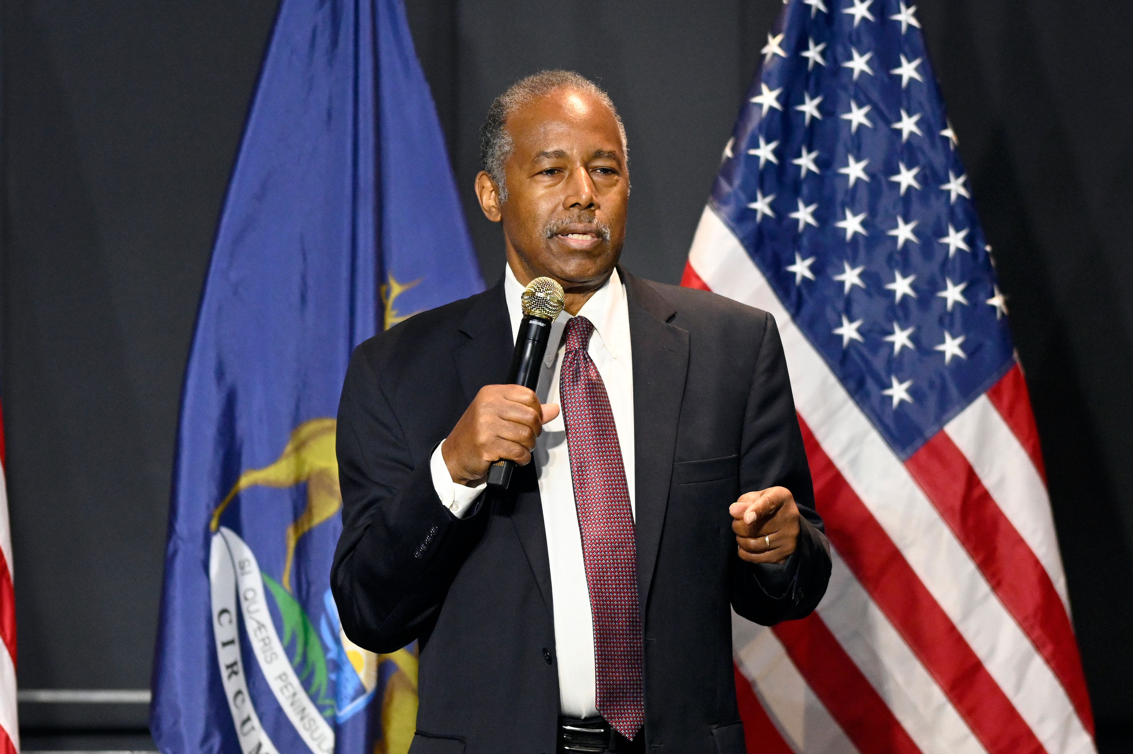 Ben Carson addresses supporters of Republican presidential nominee former President Donald Trump, Saturday, Oct. 5, 2024, in Livonia, Mich. (AP Photo/Jose Juarez)