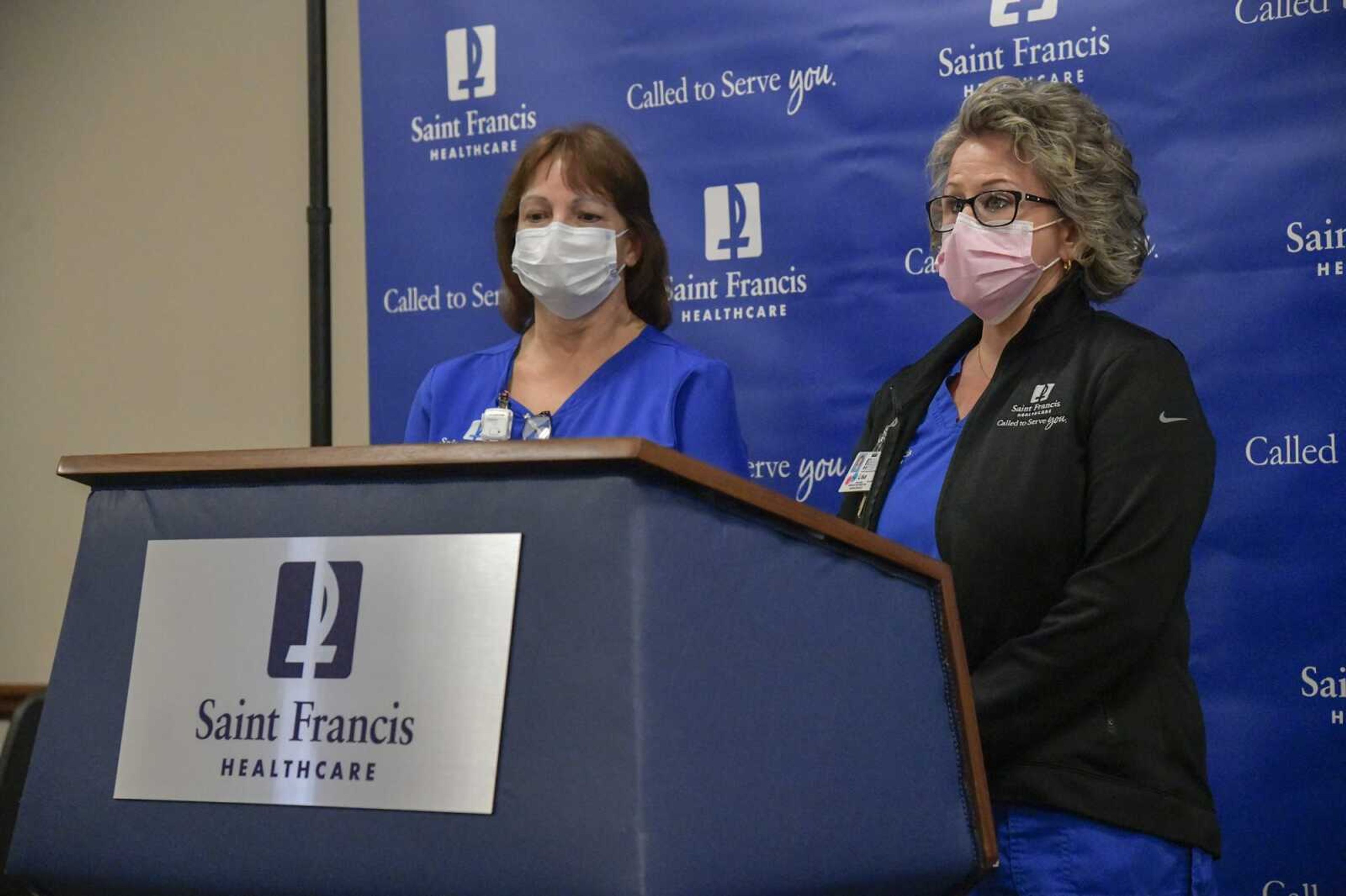 Lisa Newcomer, director for respiratory care, right, and Rose Shafer, respiratory care, speak during Thursday's news conference about COVID-19 care at Saint Francis Medical Center in Cape Girardeau.