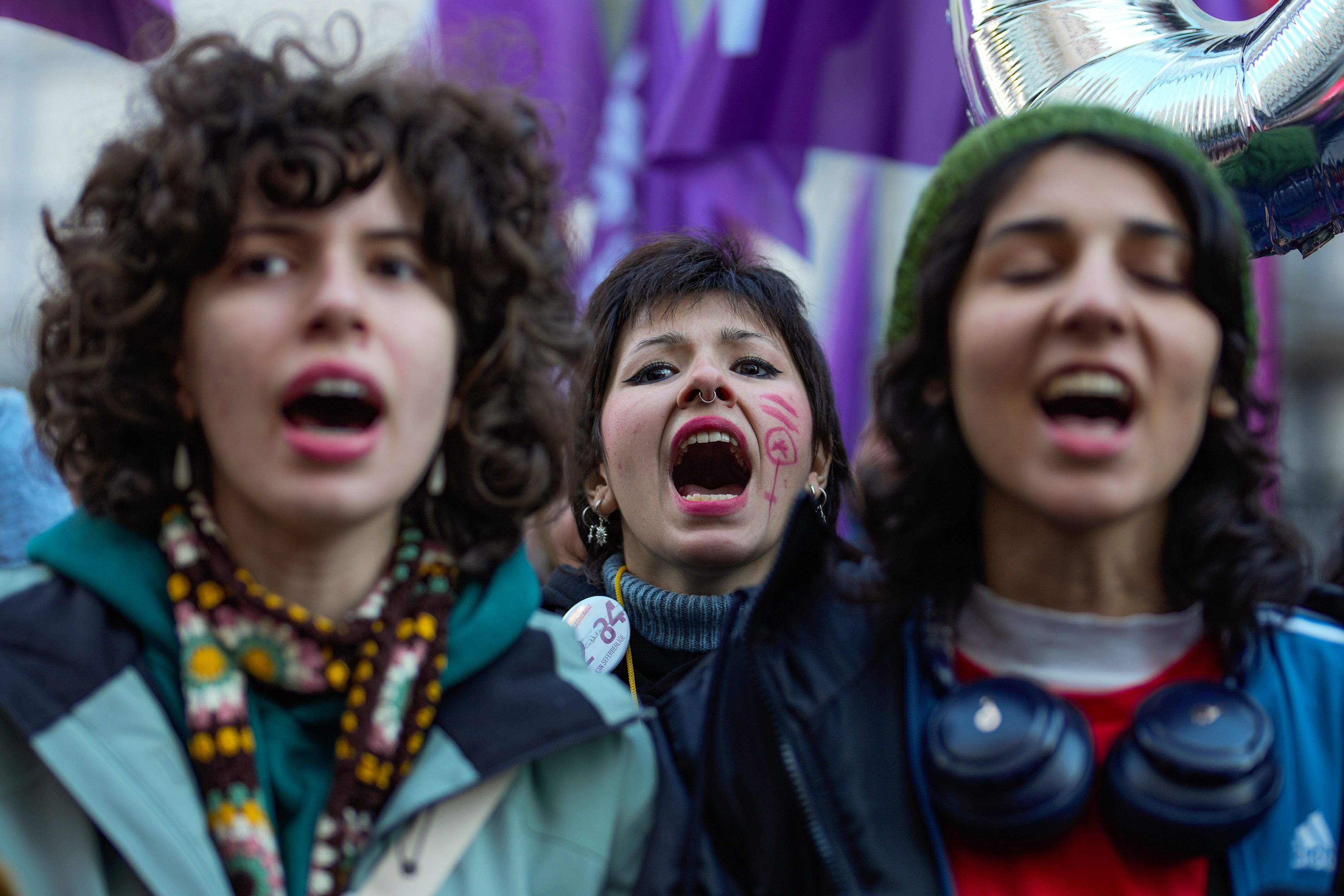 Women chant slogans during a rally marking the upcoming International Day for the Elimination of Violence Against Women, in Istanbul,Turkey, Sunday, Nov. 24, 2024. (AP Photo/Emrah Gurel)