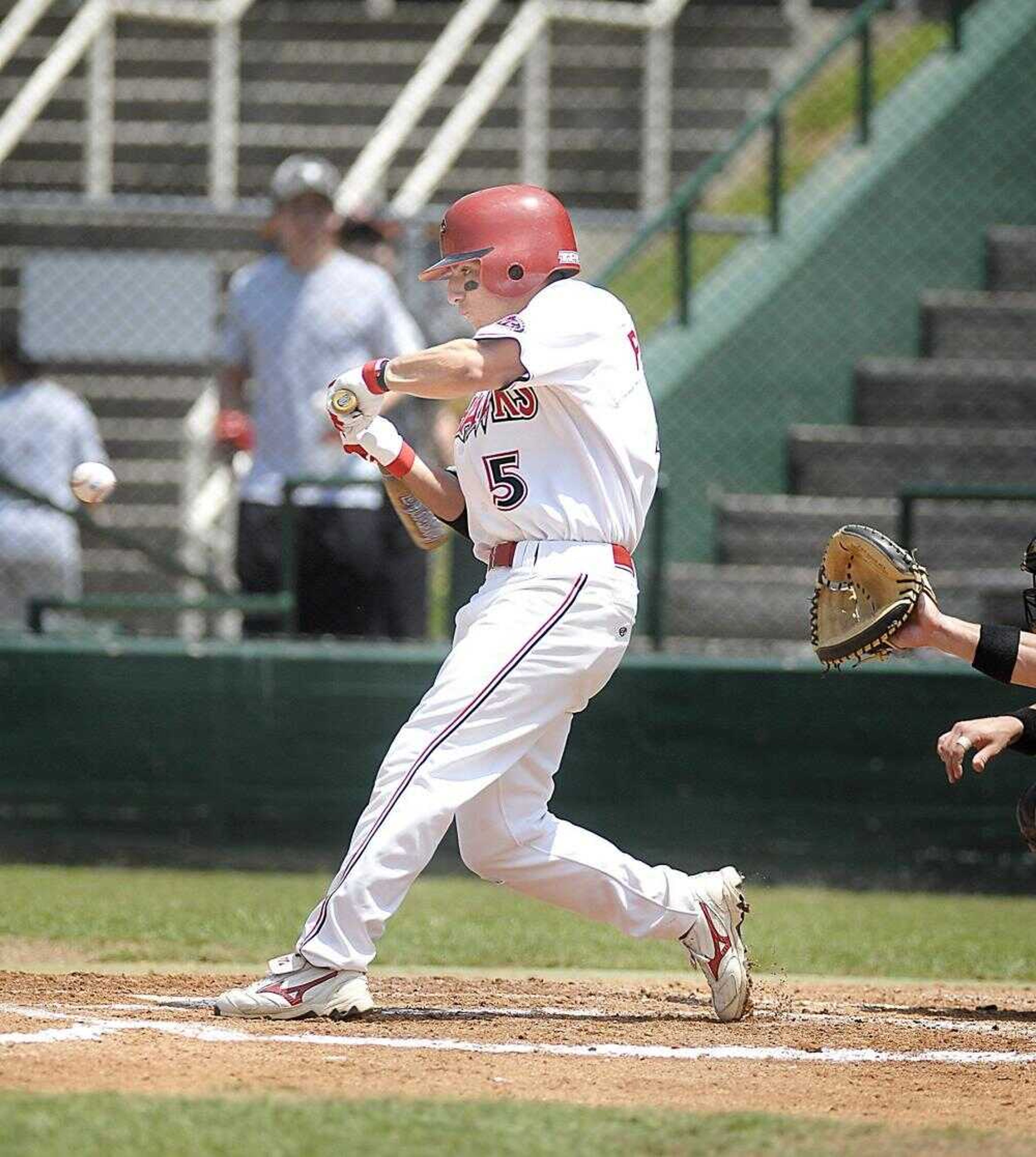 Southeast Missouri State senior Omar Padilla connects with a pitch during game 1 at Capaha Park on Saturday, May 12, 2007, in a double header against Morehead State. (Kit Doyle)