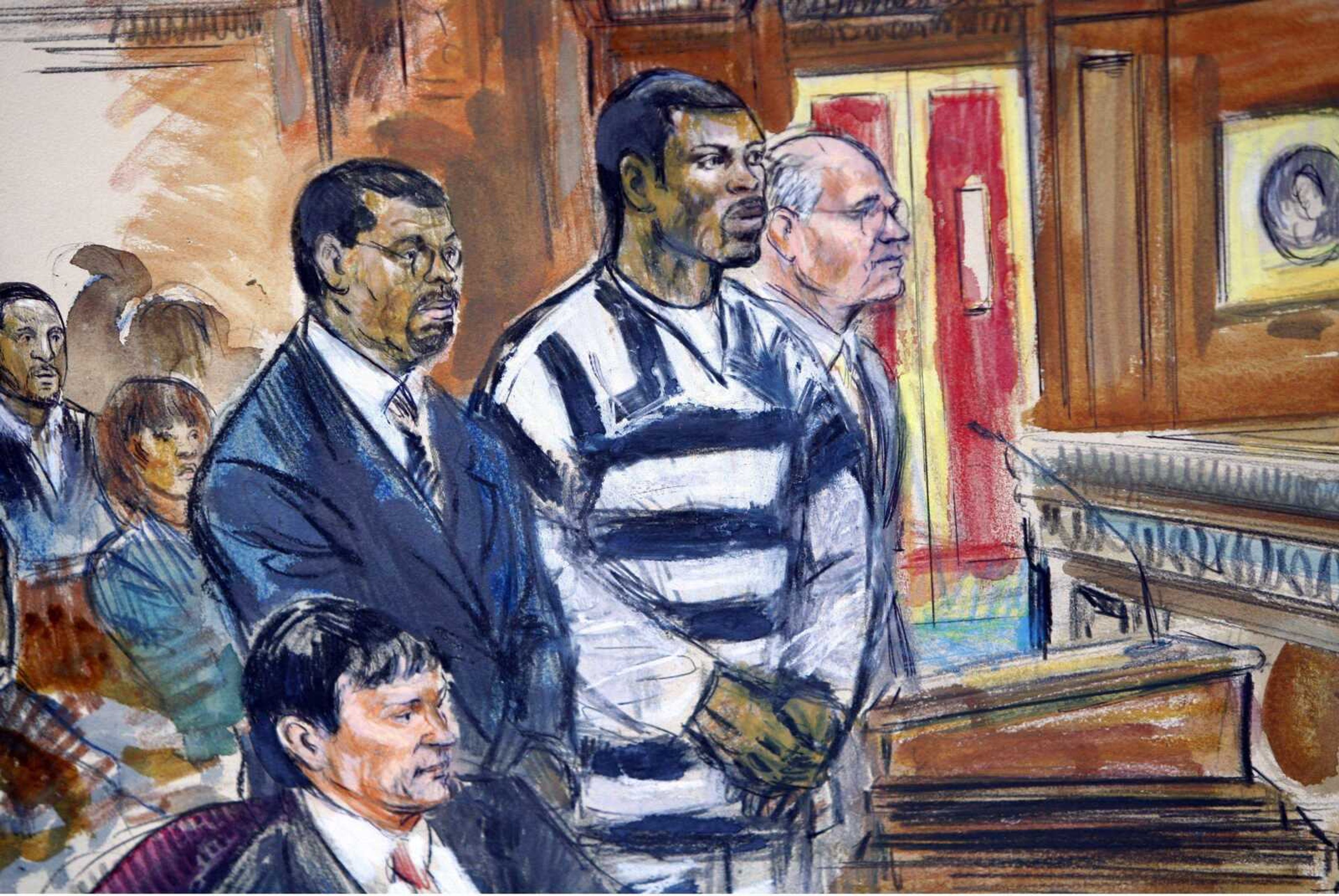 This artists rendering shows Atlanta Falcons quarterback Michael Vick, dressed in a black-and-white striped prison suit,  flanked  by his attorney's Billy Martin, left,  and Lawrence Woodward, right, as he is sentenced in Federal Court  in Richmond, Va., Monday, Dec. 10, 2007.  Vick was sentenced to 23 months for his role in a dogfighting conspiracy that involved gambling and killing pit bulls. (AP Photo/Dana Verkouteren)