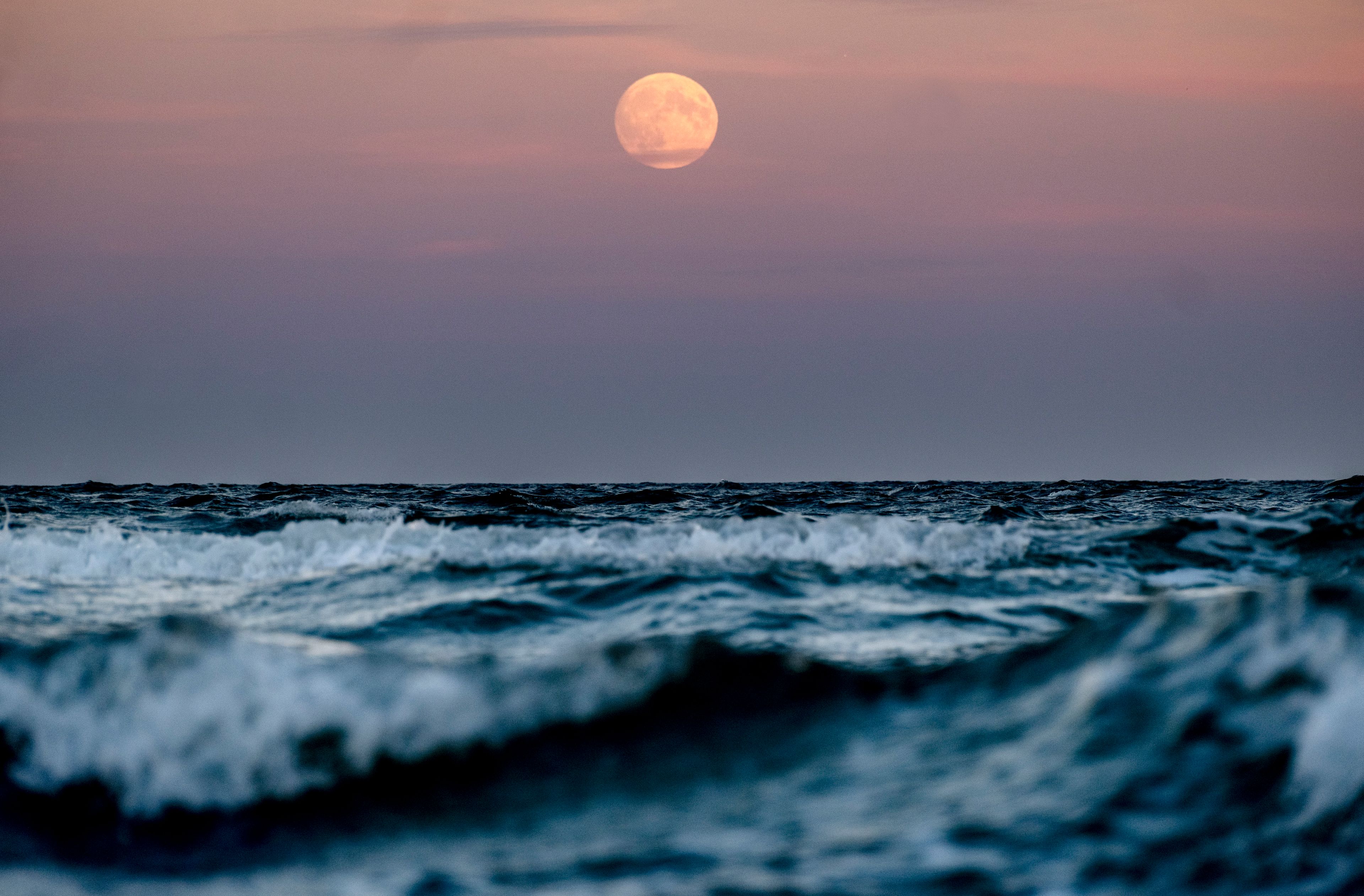 The moon rises over the Baltic Sea in Haffkrug, northern Germany, Wednesday, Oct. 16, 2024. (AP Photo/Michael Probst)