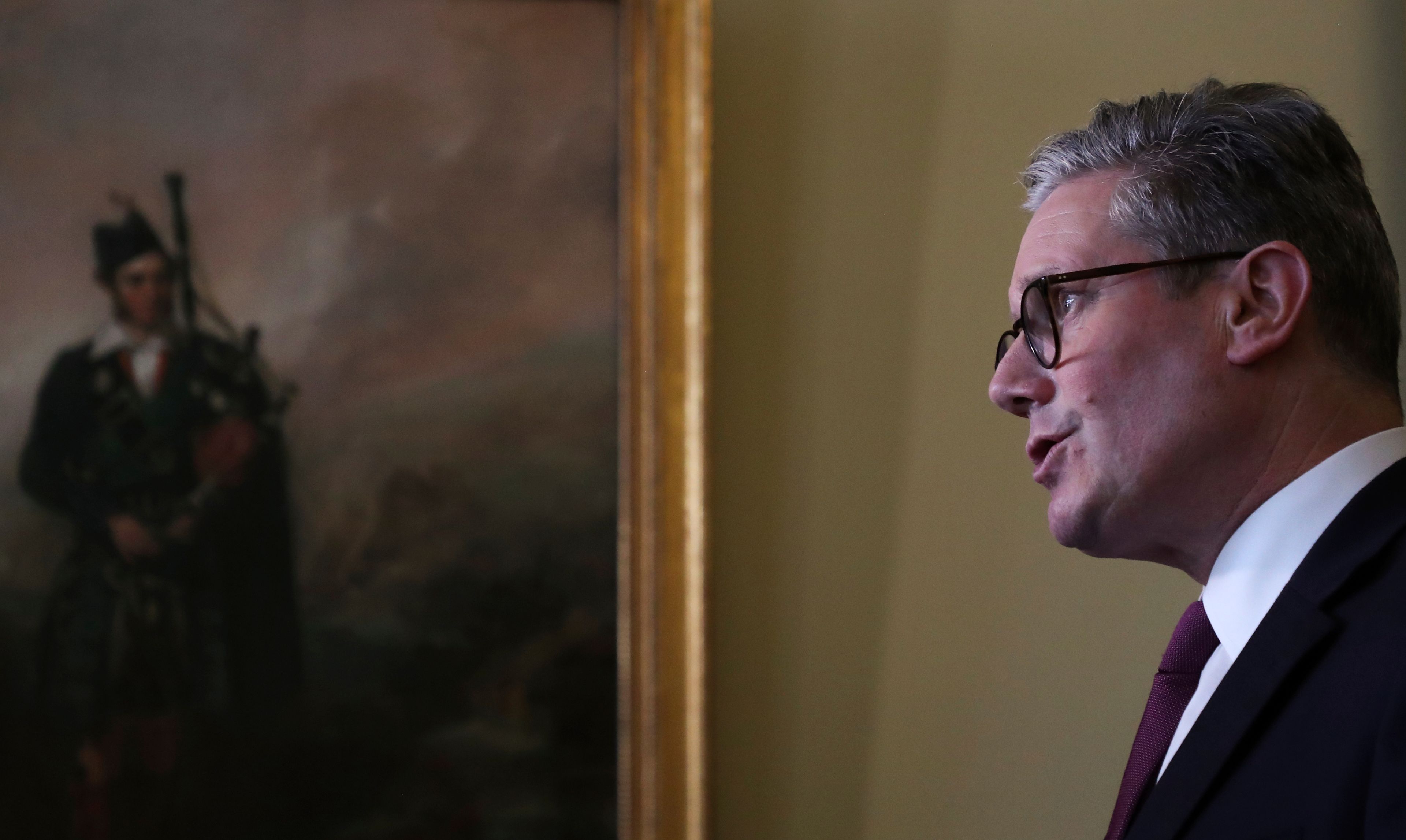 FILE - Britain's Prime Minister Keir Starmer talks to members of the media after meeting Scottish First Minister and SNP leader John Swinney during a visit to Edinburgh, Scotland on July 7, 2024 as part of a two-day tour of the four nations of the United Kingdom. (Scott Heppell, Pool Photo via AP, File)