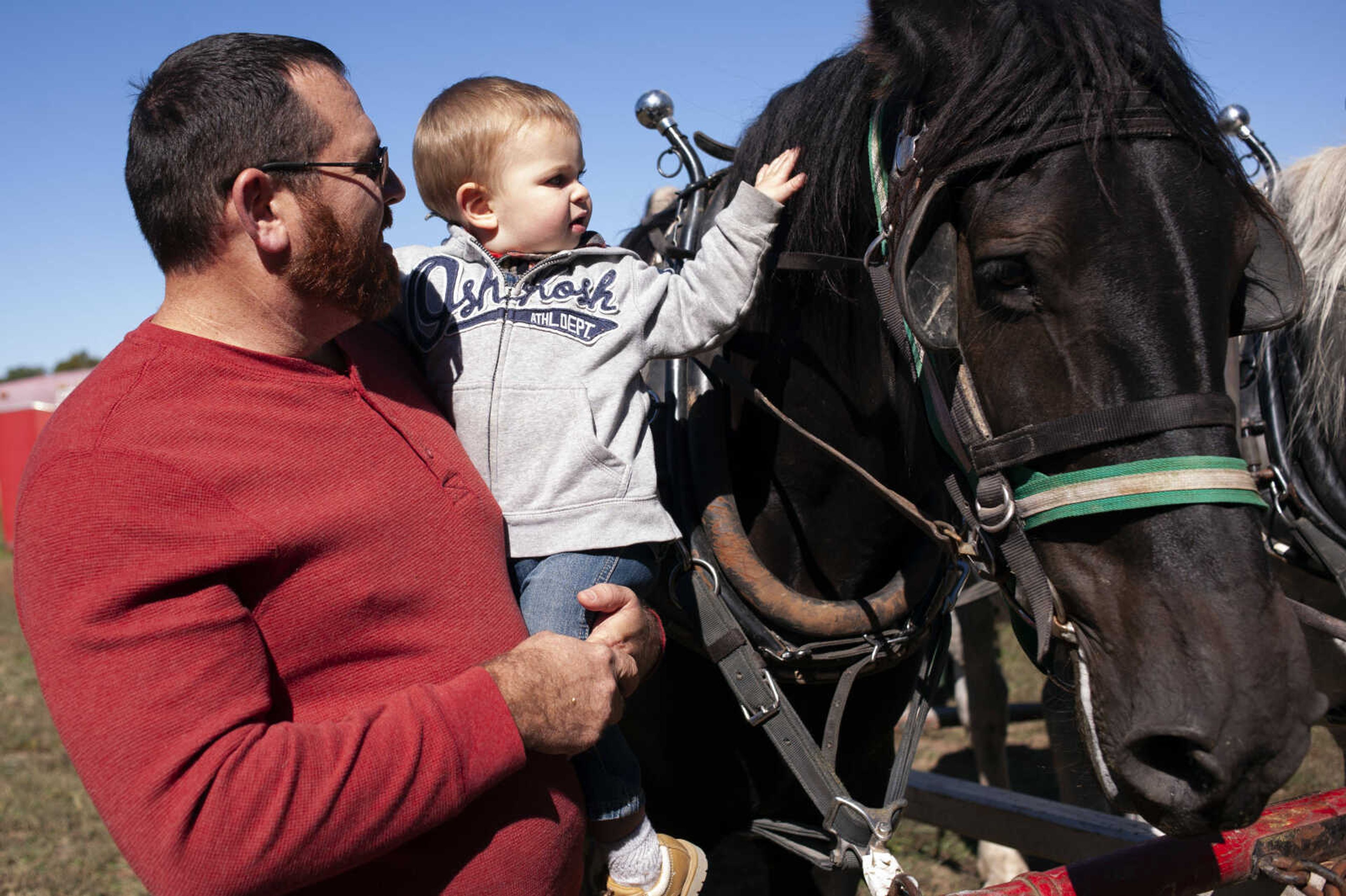 Asher Enderle, 1, of Fruitland, meets a horse with his father Scot Enderle at the Saxon Lutheran Memorial's 39th annual Fall Festival on Saturday, Oct. 12, 2019, in Frohna, Missouri.&nbsp;