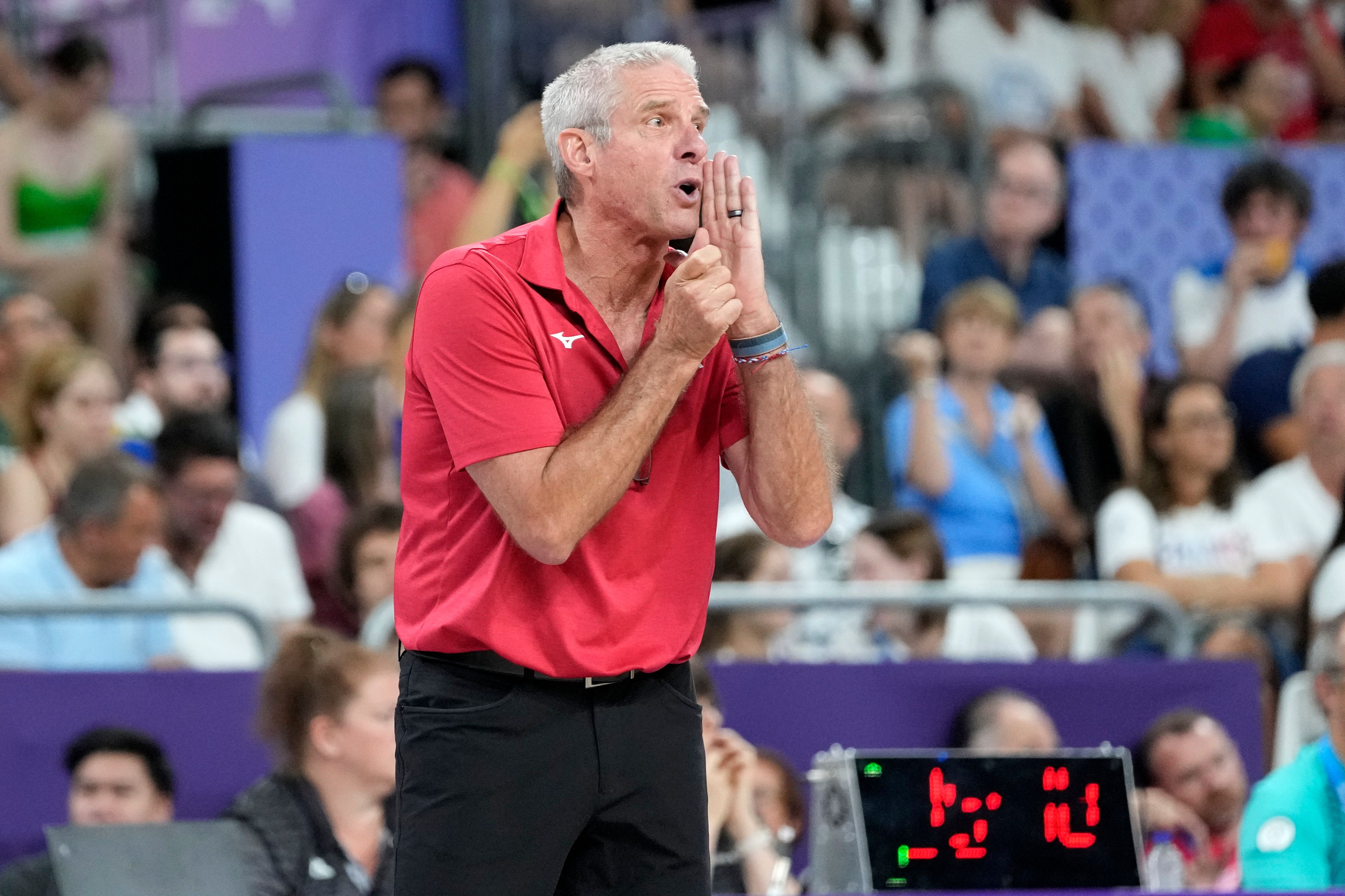 FILE - United States'coach Karch Kiraly reacts during a gold medal women's volleyball match between the United States of America and Italy at the 2024 Summer Olympics, Sunday, Aug. 11, 2024, in Paris, France. (AP Photo/Dolores Ochoa, File)