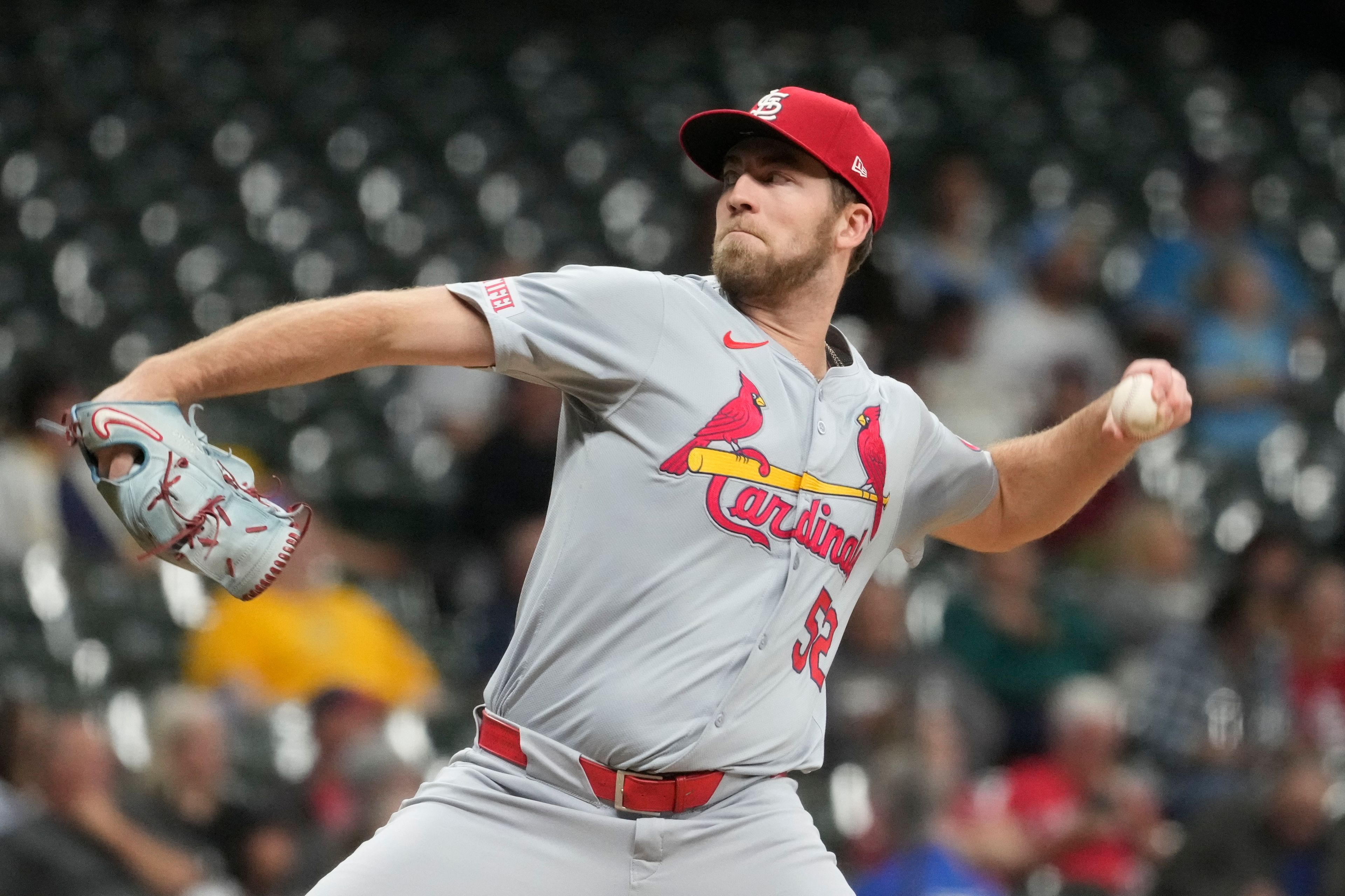 St. Louis Cardinals pitcher Matthew Liberatore throws during the 10th inning of a baseball game against the Milwaukee Brewers Tuesday, Sept. 3, 2024, in Milwaukee. (AP Photo/Morry Gash)