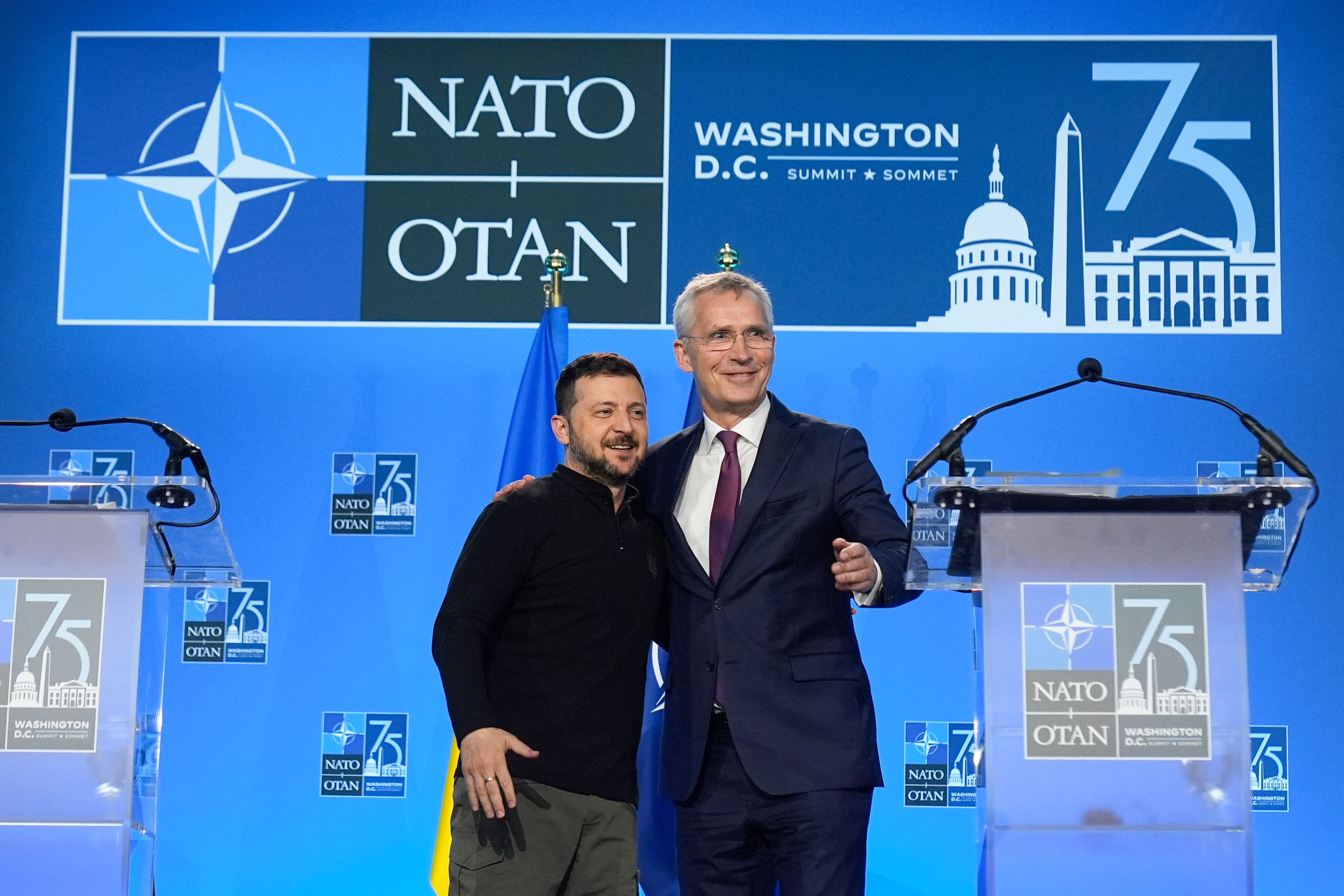 FILE - Ukraine's President Volodymyr Zelenskyy and NATO Secretary General Jens Stoltenberg wrap up a joint press conference on July 11, 2024. (AP Photo/Mark Schiefelbein, File)