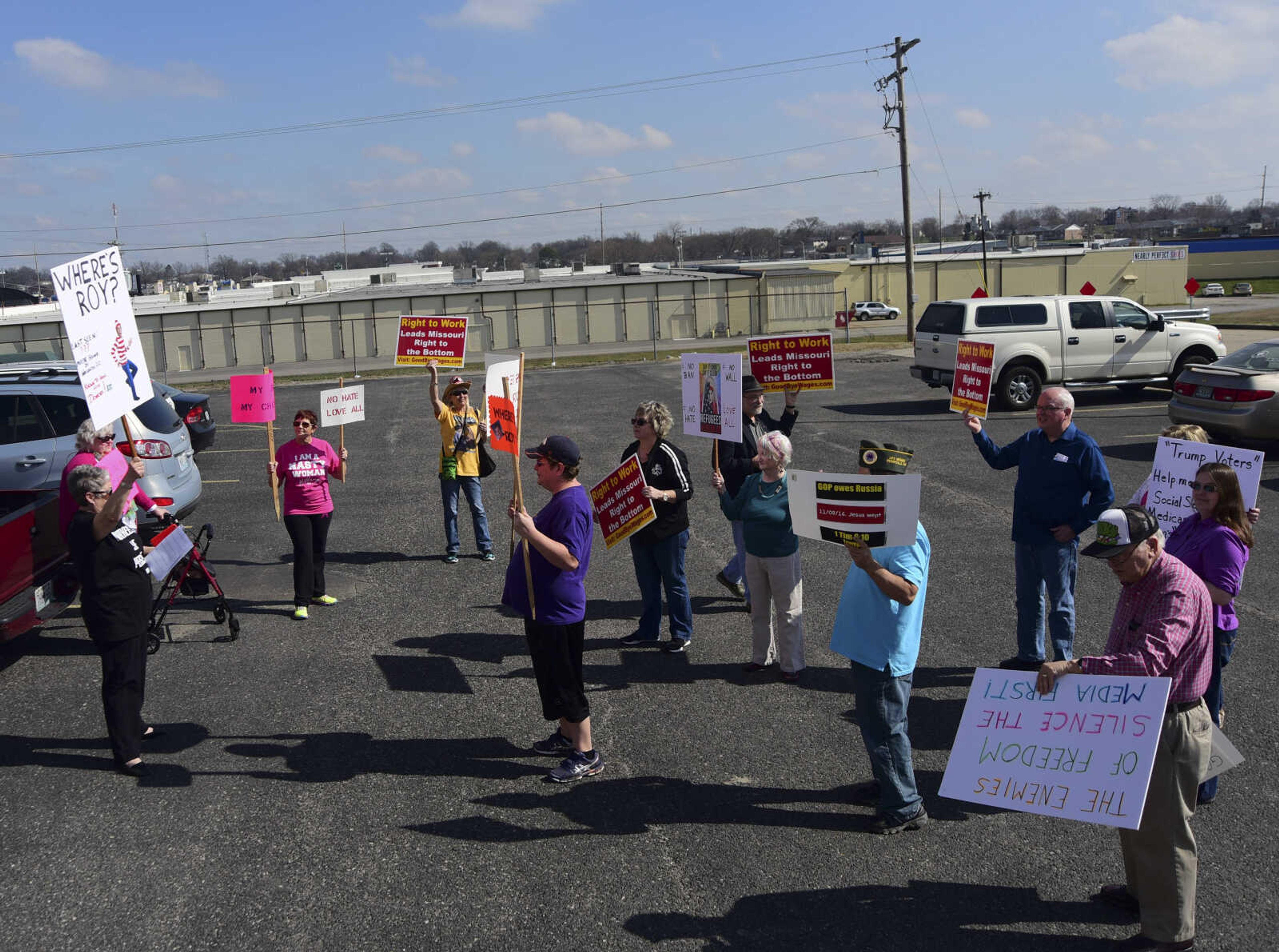 About 50 people with the Liberal Women Unite-Southeast MO Chapter demonstrate in front of U.S. Sen. Roy Blunt's office Wednesday, Feb. 22, 2017 in Cape Girardeau. Protestors held signs and chanted "Where's Roy" to demand a Town Hall Meeting with Senator Roy Blunt. As they spoke with the District Director, Darren Lingle, they brought up concerns they had along with saying they were not paid to be there with some having to even take vacation time to state what they believe in.