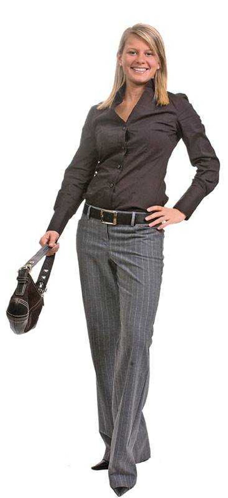 The professional woman -- Michelle Frossard is ready to hang with the big dogs of the corporate world in an essential outfit for the working woman. Sleek and simple, a black collared shirt and gray pinstriped pants create a look that says you mean business. Clothing provided by the model.