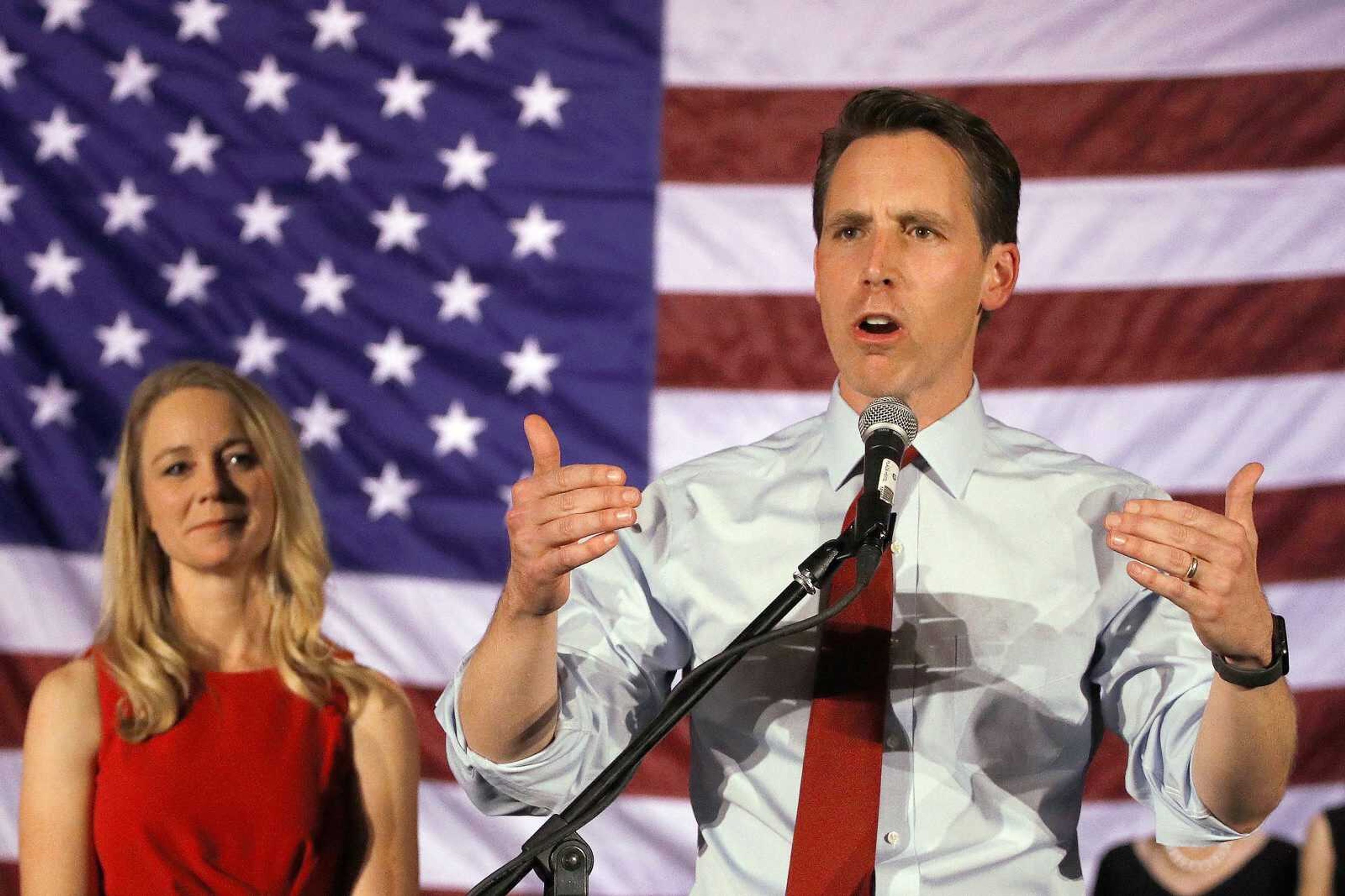 Sen. Josh Hawley makes his victory speech while his wife Erin watches during an election watch party Nov. 6, 2018, in Springfield, Missouri.