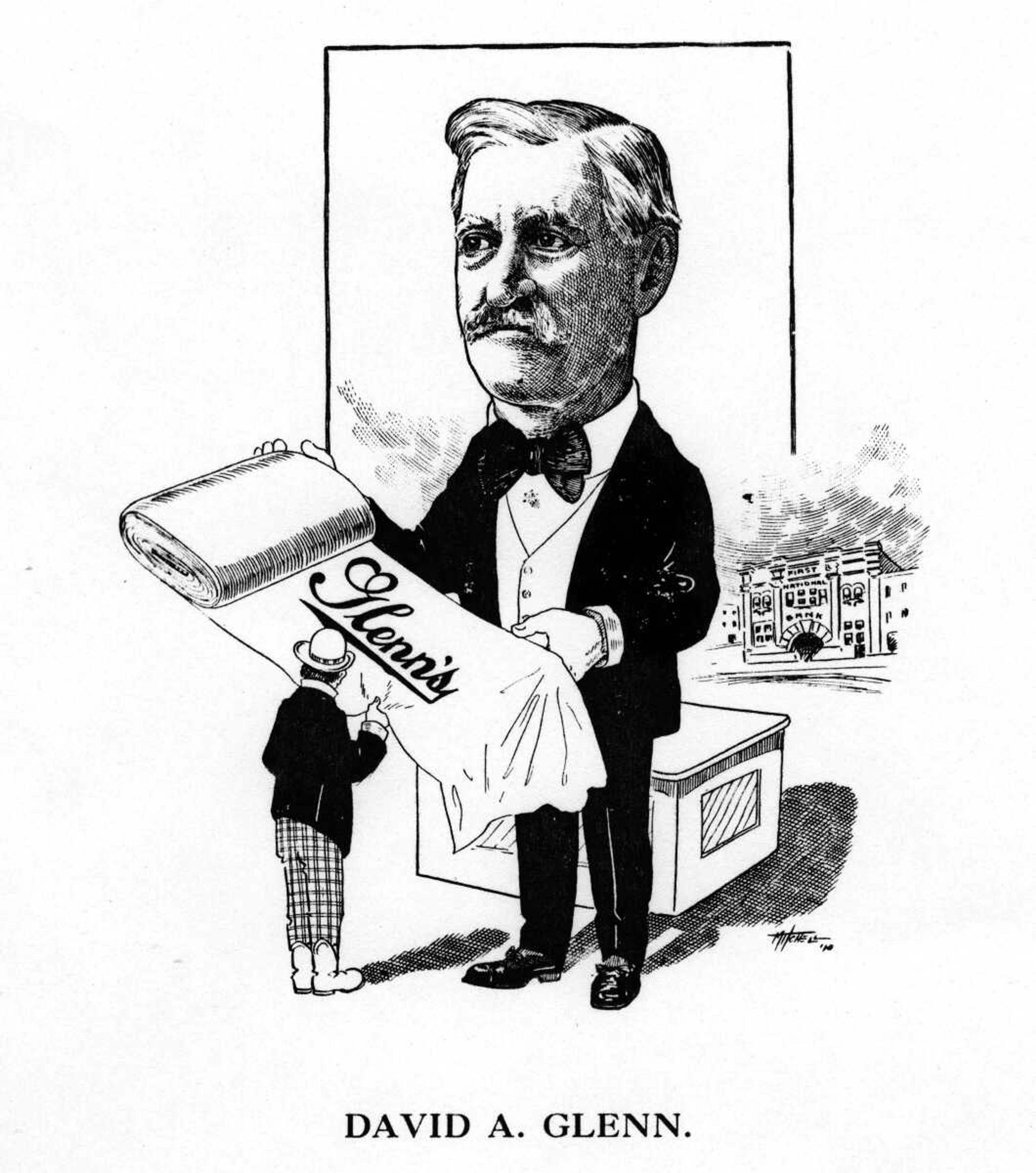 In ten years Cape Girardeau has grown from the twenty-seventh town in importance in Missouri to the eighth place, and now has the distinction of having more diversified interests than any other city in the state, excepting the three largest. The principal cause for the remarkable growth of Cape Girardeau is the loyalty of its prominent citizens. Mr. David A. Glenn has spent a lifetime here, and the greater part of the time has been devoted to the betterment of the town. There has never been a time that Mr. Glenn was so busy with his own affairs that he could not stop to do something for his town, and his great public spirit has had its effect in every movement that has tended to the upbuilding of the town. Mr. Glenn has earned the distinction of being Southeast Missouri's most prominent merchant. His store is known to everyone in this territory as headquarters for good merchandise, and especially for its absolutely fair treatment.
Besides being a merchant, Mr. Glenn is president of the First National bank, and has wide real estate interests. Cape Girardeau hasn't a better citizen in any respect than Mr. Glenn.