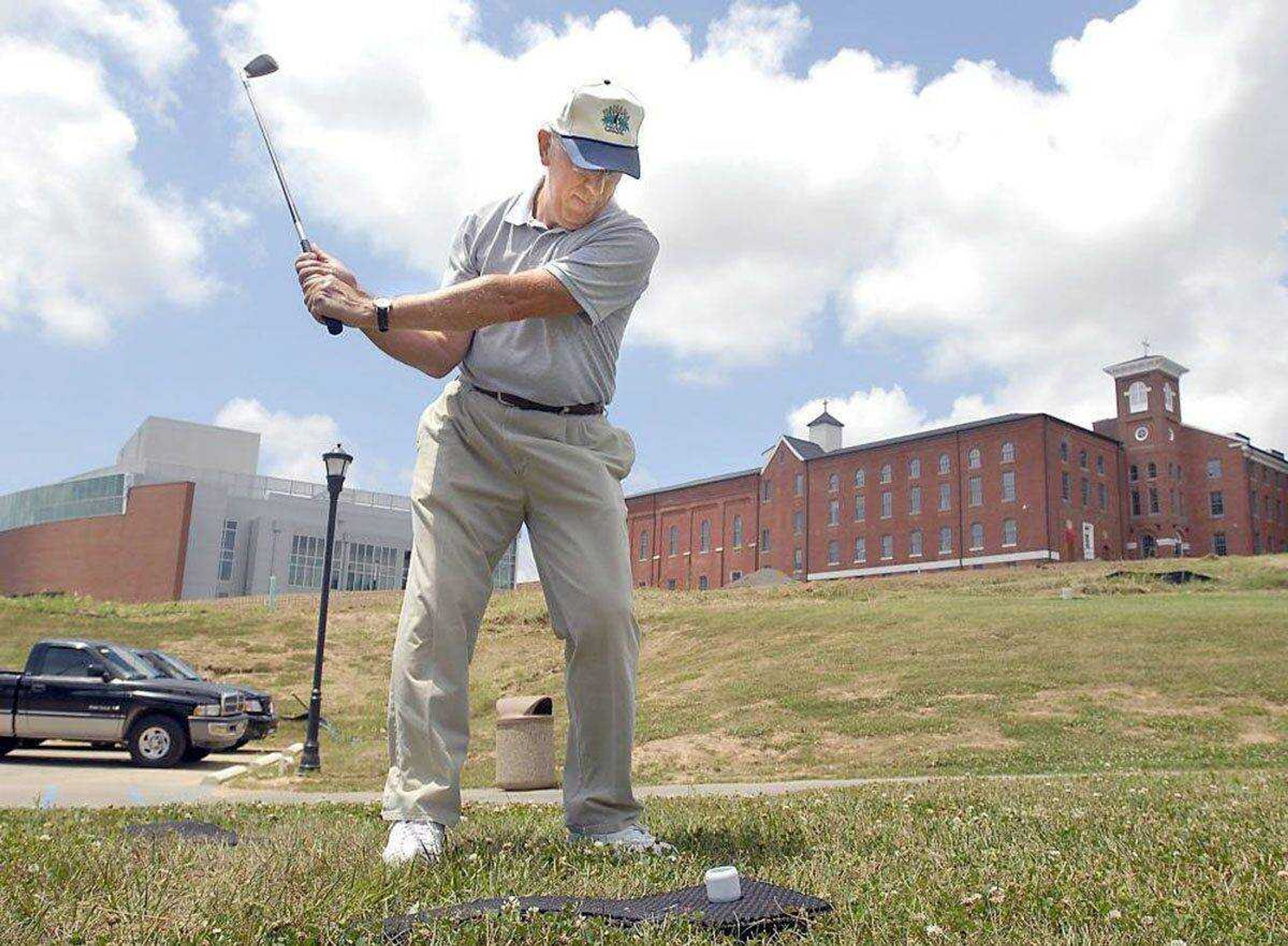 Ralph Maxton of Cape Girardeau prepared to hit a BirdieBall on June 25, 2007, below the River Campus during the First-Ever Second Annual Louis J. Lorimier Memorial World-Famous Downtown Golf Tournament. (Fred Lynch ~ semissourian.com)