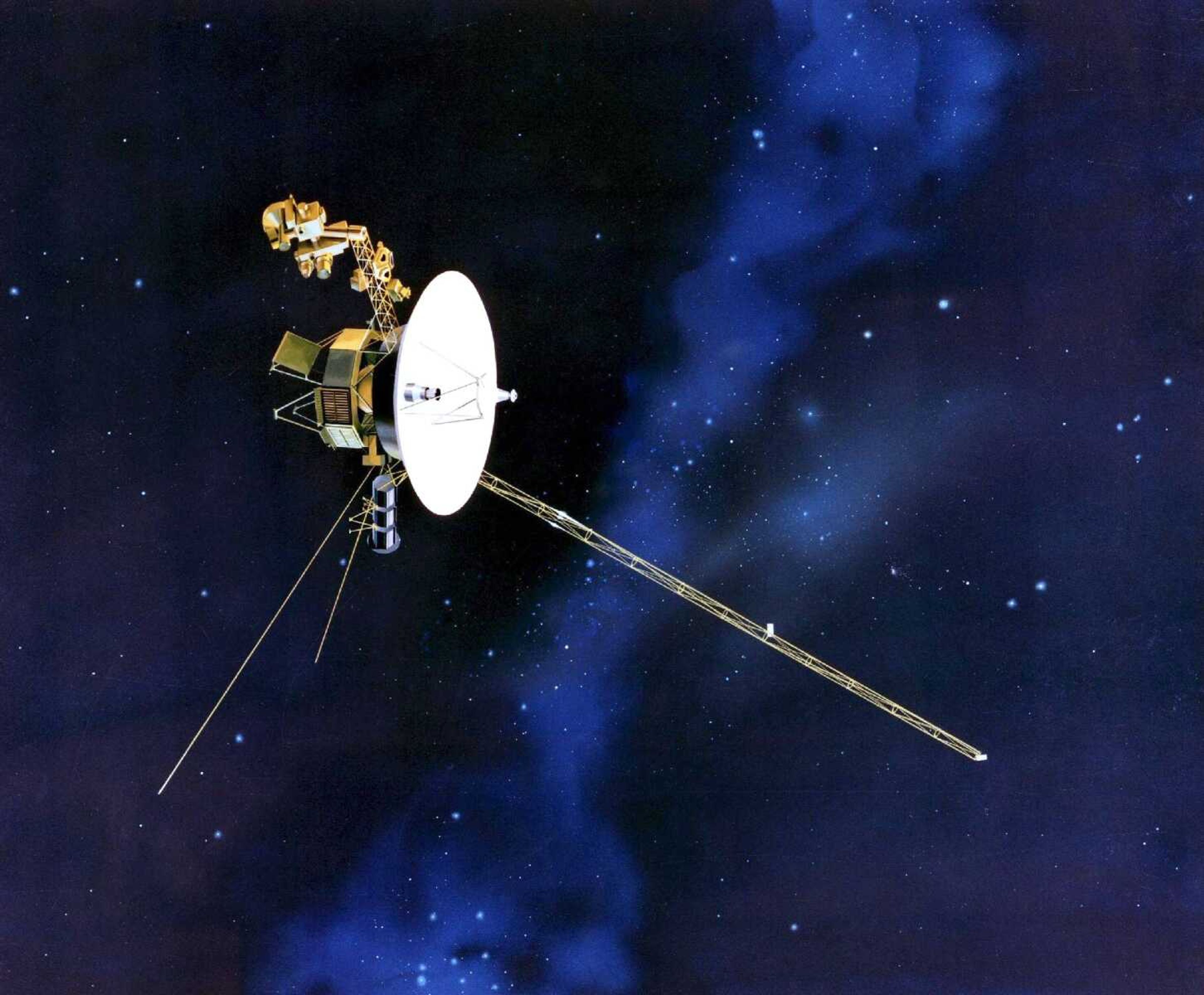 This artists rendering shows the Voyager spacecraft. Launched in 1977, the twin Voyager spacecraft are exploring the edge of the solar system. (NASA)