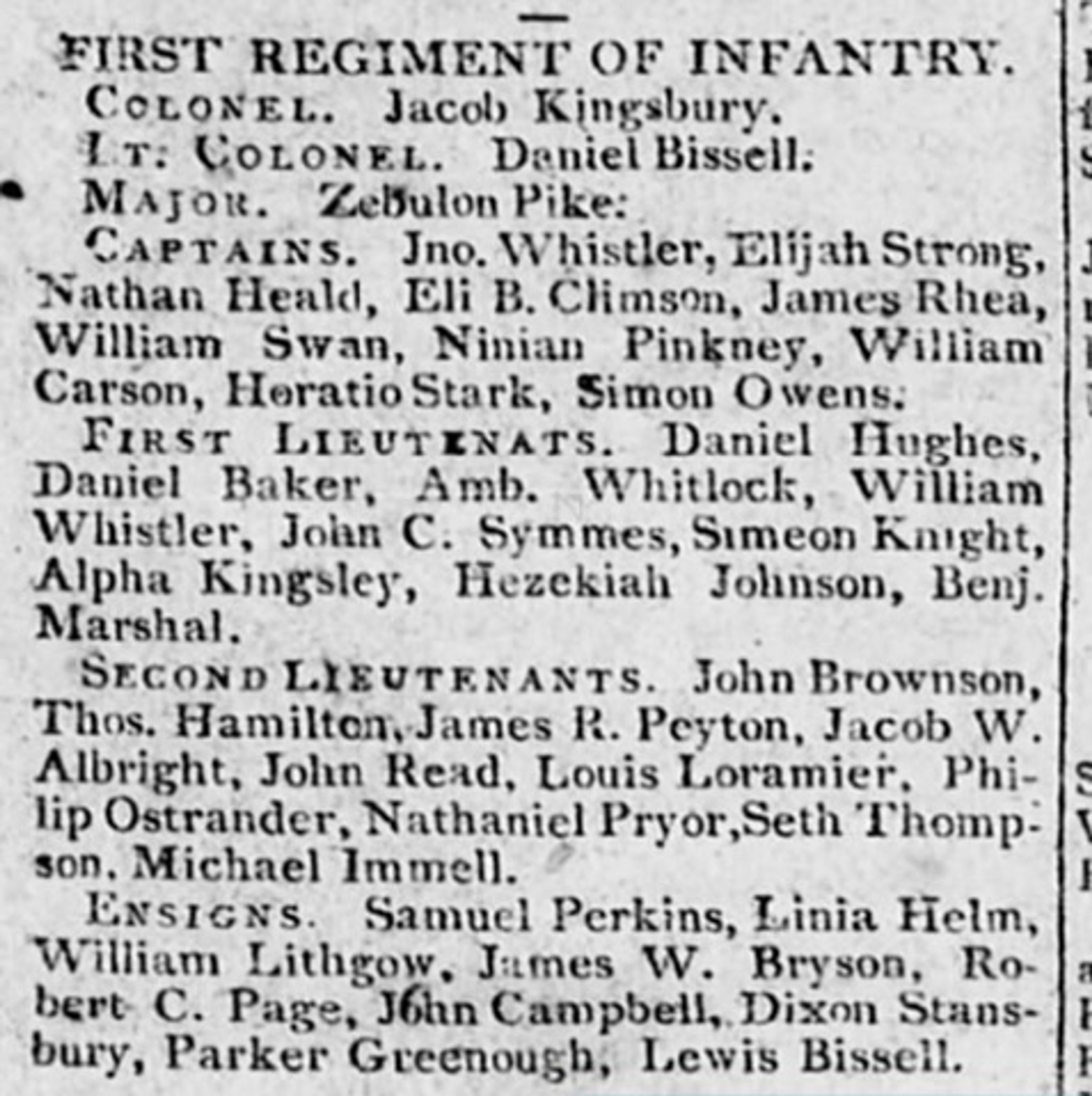 Officers of the First Regiment of Infantry in 1809. Louis "Loramier" is one of the second lieutenants. The U.S. Army was so small at that time that all the officers from all regiments could be listed on a page and a half of a newspaper. From: "Complete & Correct Register of the Army of the U. States," Richmond Enquirer, May 2, 1809, pages 1-2.