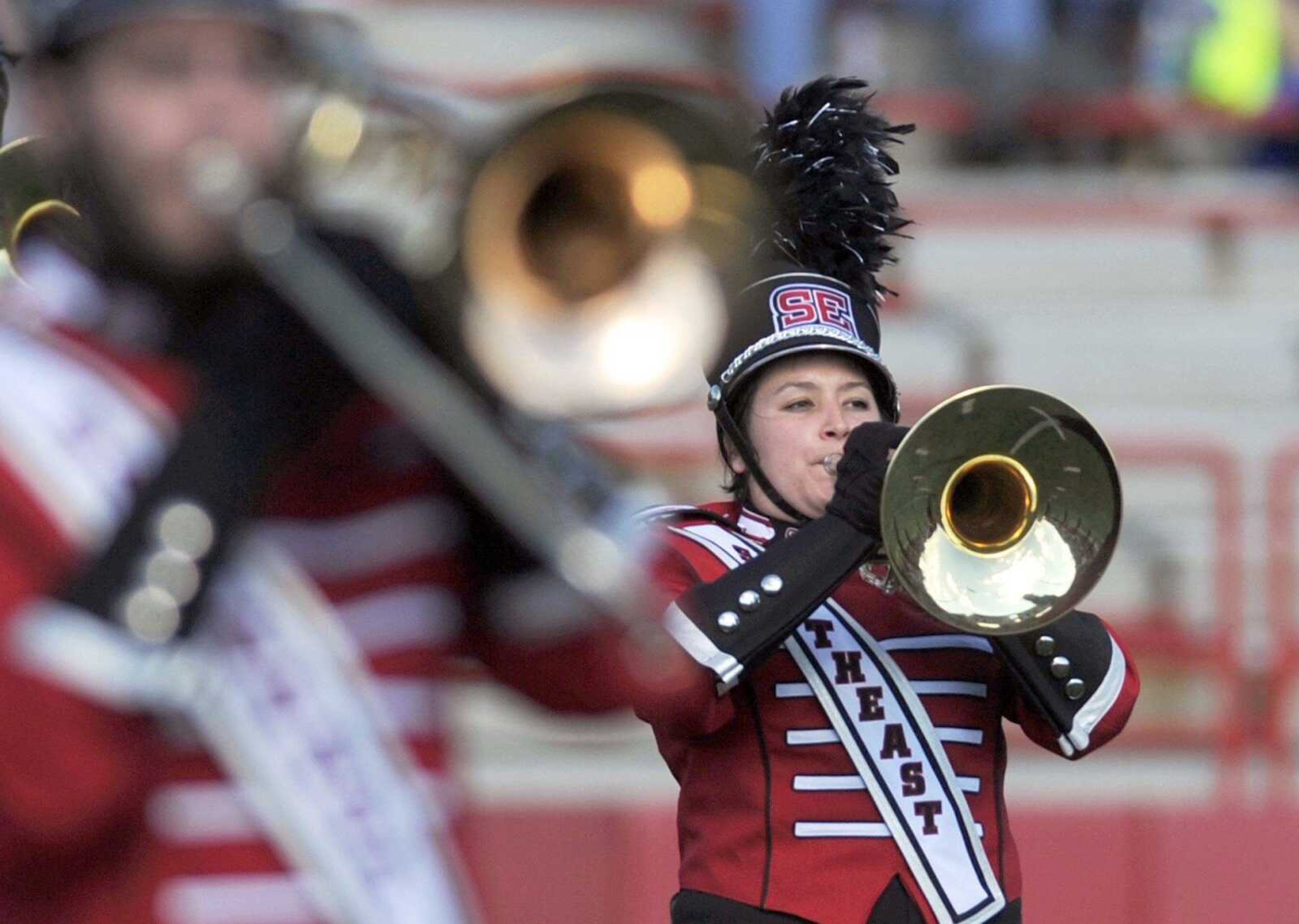 GLENN LANDBERG ~ glandberg@semissourian.com    A member of the Golden Eagles Marching Band performs during halftime in game against Eastern Illinois  Saturday, Oct. 18, 2014 at Houck Stadium.