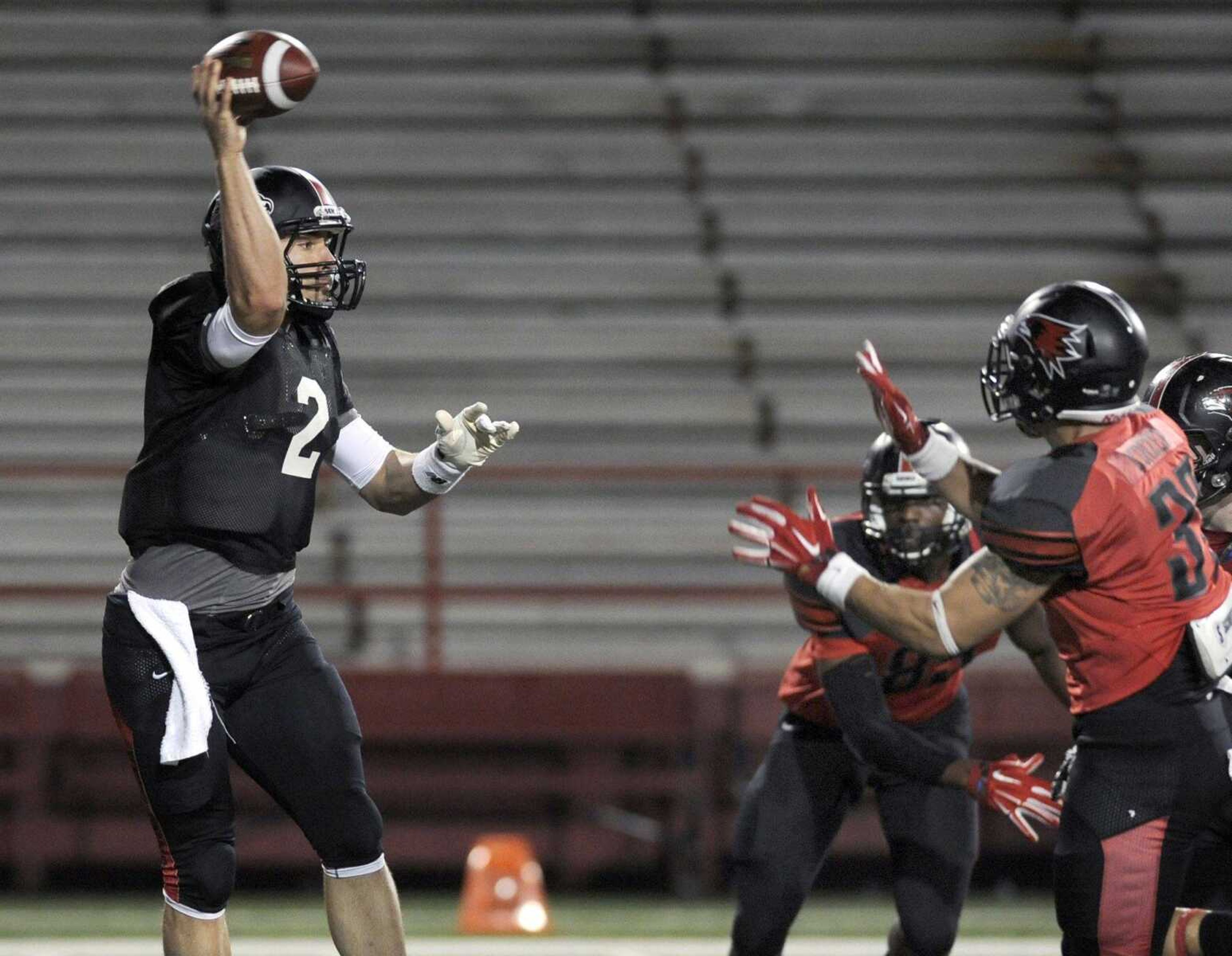 Southeast Missouri State quarterback Alex Niznak throws a pass during the spring game Friday, April 17, 2015 at Houck Stadium. (Fred Lynch)