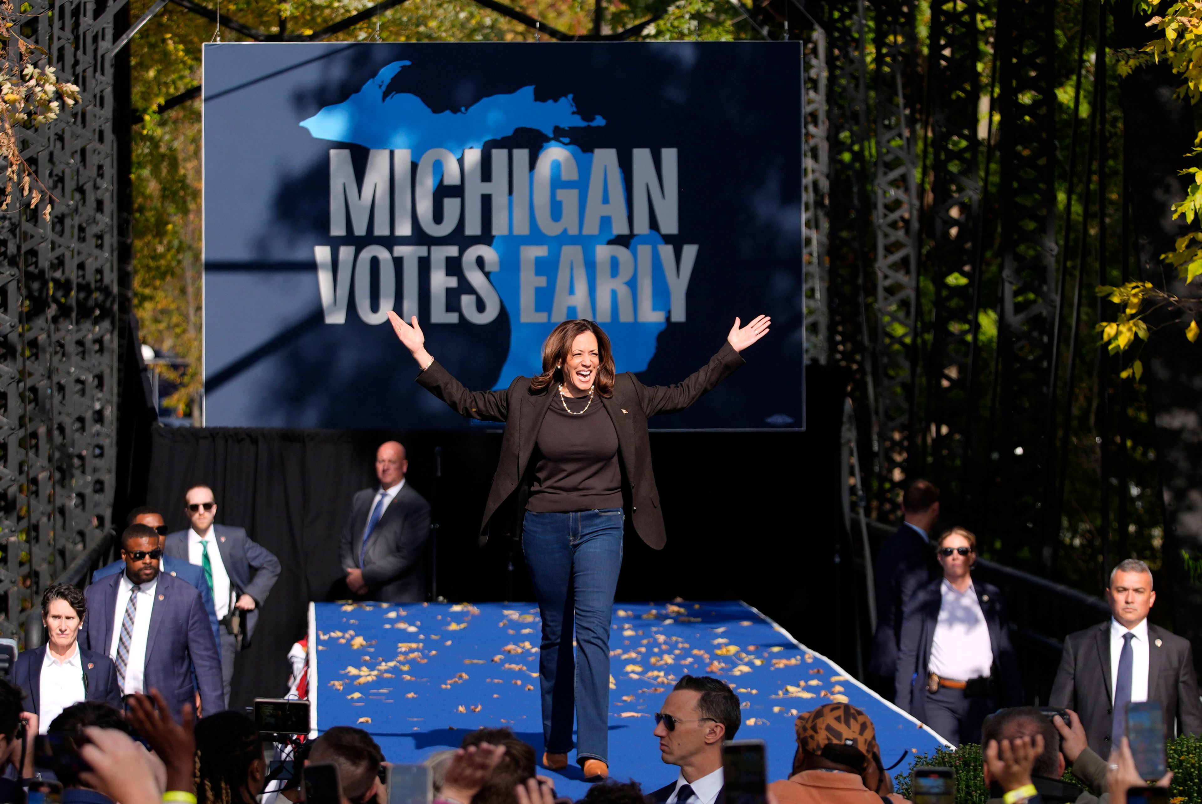 Democratic presidential nominee Vice President Kamala Harris arrives to speak at a campaign rally in Riverside Park, Friday, Oct. 18, 2024, in Grand Rapids, Mich. (AP Photo/Paul Sancya)