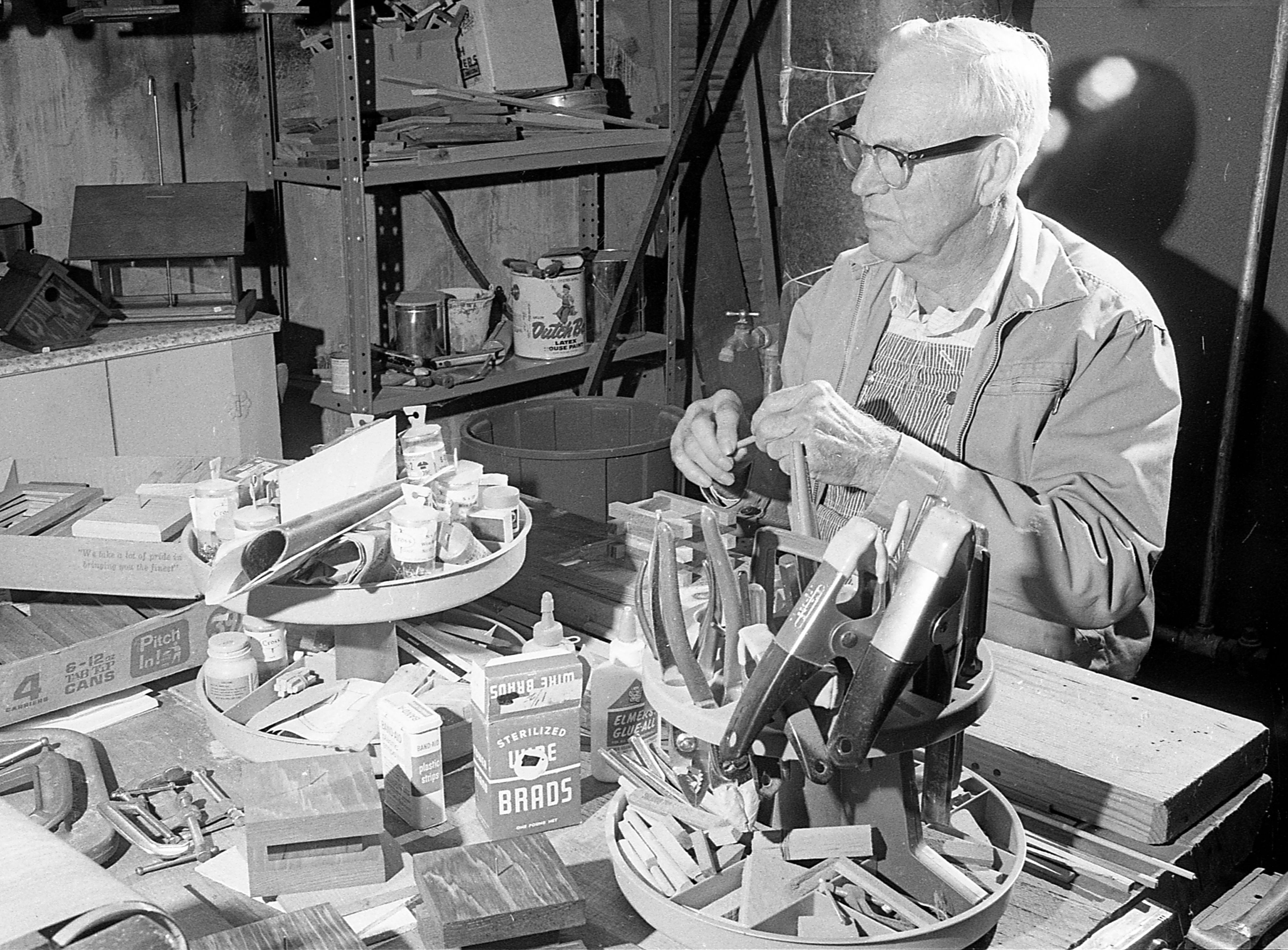 Theodore O. “Ted” Sudekum likes to spend time in his workshop, and some days may work as long as 10 to 15 hours. But the nice thing about being one’s own boss, he says, “is the anytime I feel like it I can close shop and take off.” He and Mrs. (Ernestine) Suedekum travel to many area craft fairs, and the rapid expansion of his hobby has literally crowded the couple out of a car. They now load a camper with samples of Mr. Suedekum’s attractive wares. 