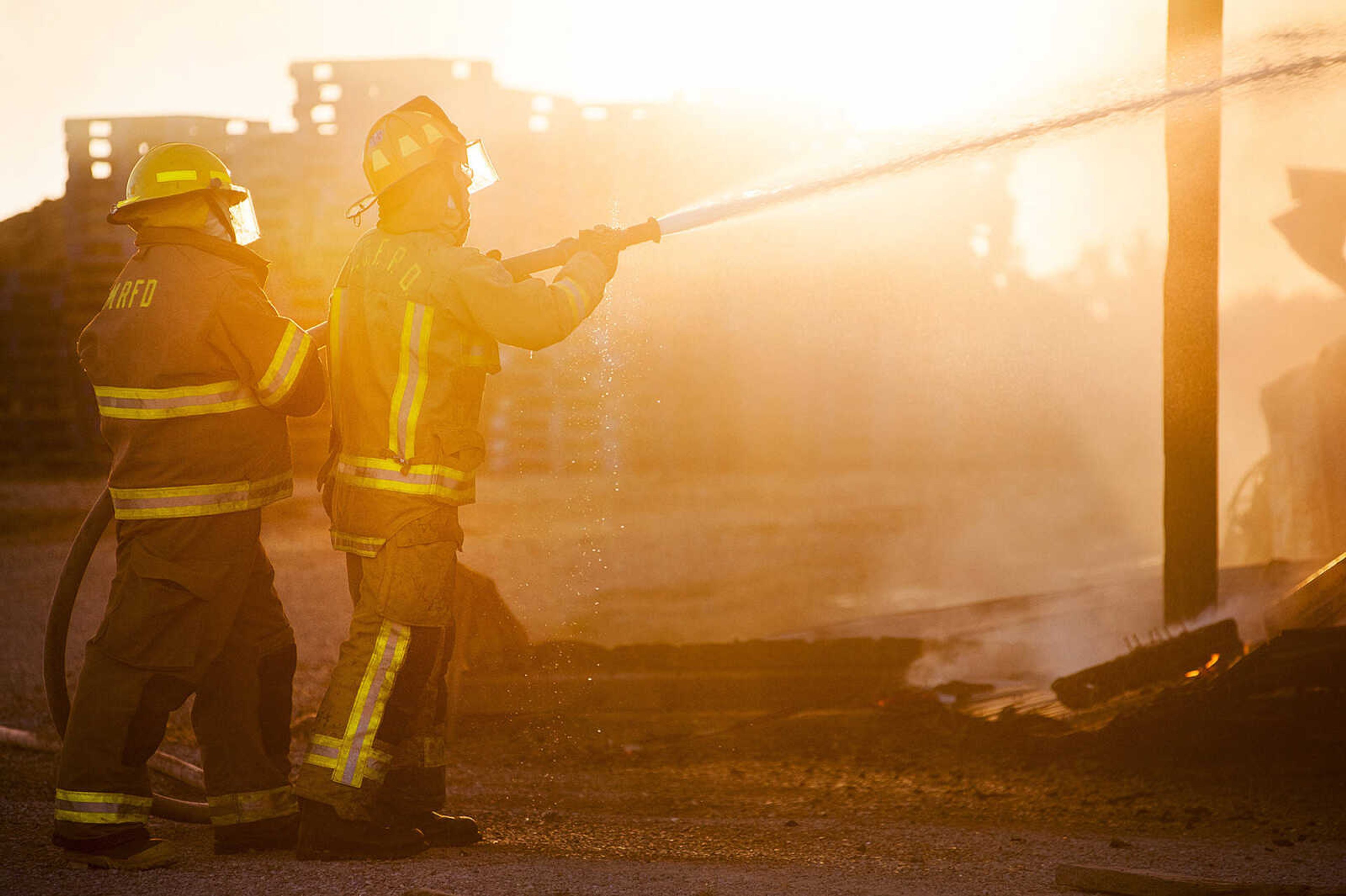 ADAM VOGLER ~ avogler@semissourian.com
Firefighters from at least six area fire departments battled a fire Tuesday, Oct. 8, at Flickerwood Farms Inc, 3027 Larch Lane in Fruitland. No one was injured in the fire which completely destroyed the building that house a baled wood shaving and feed byproduct business.